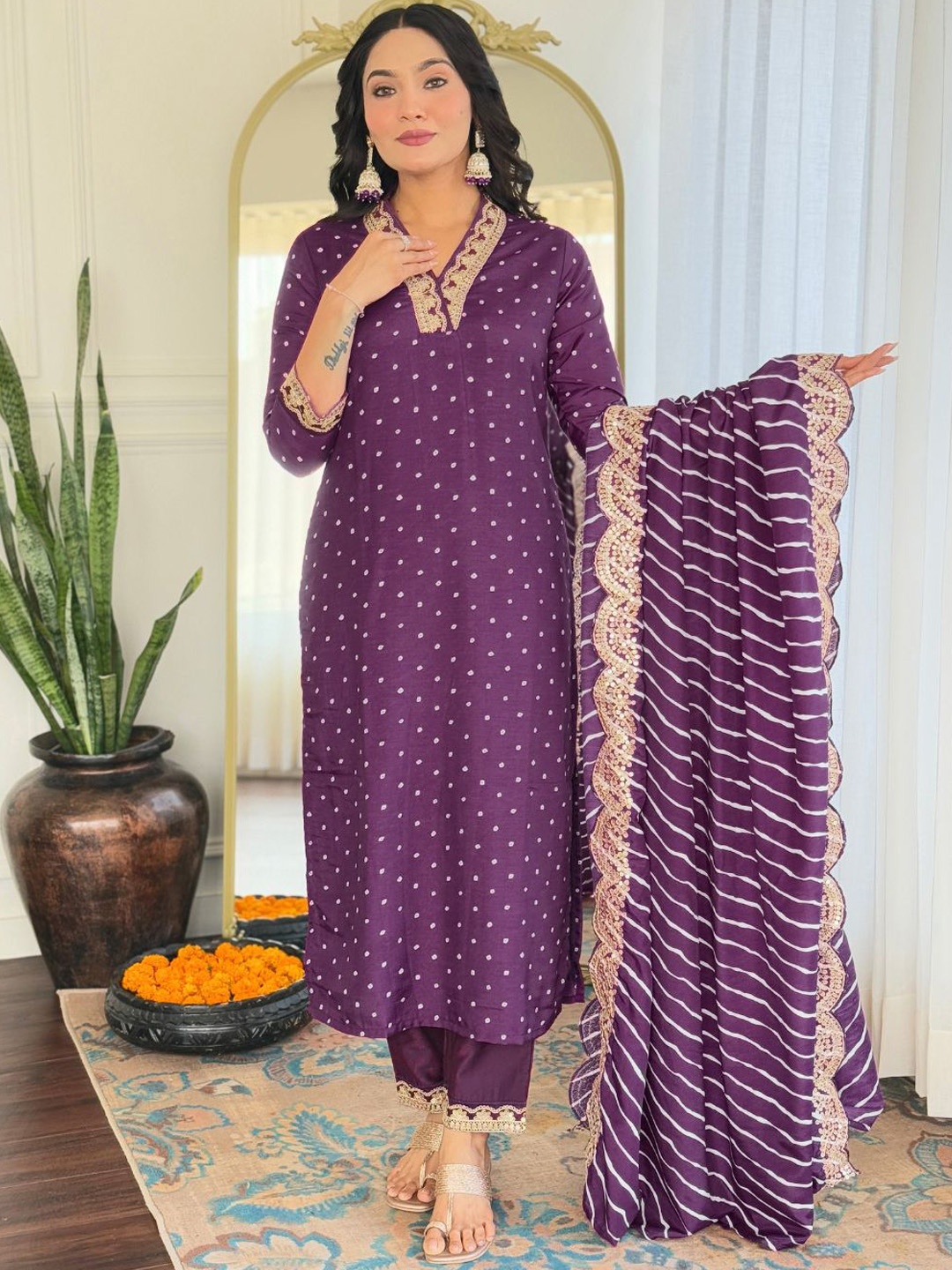 

THE52 Women Ethnic Motifs Printed Regular Sequinned Chanderi Silk Kurta with Trousers & With Dupatta, Purple