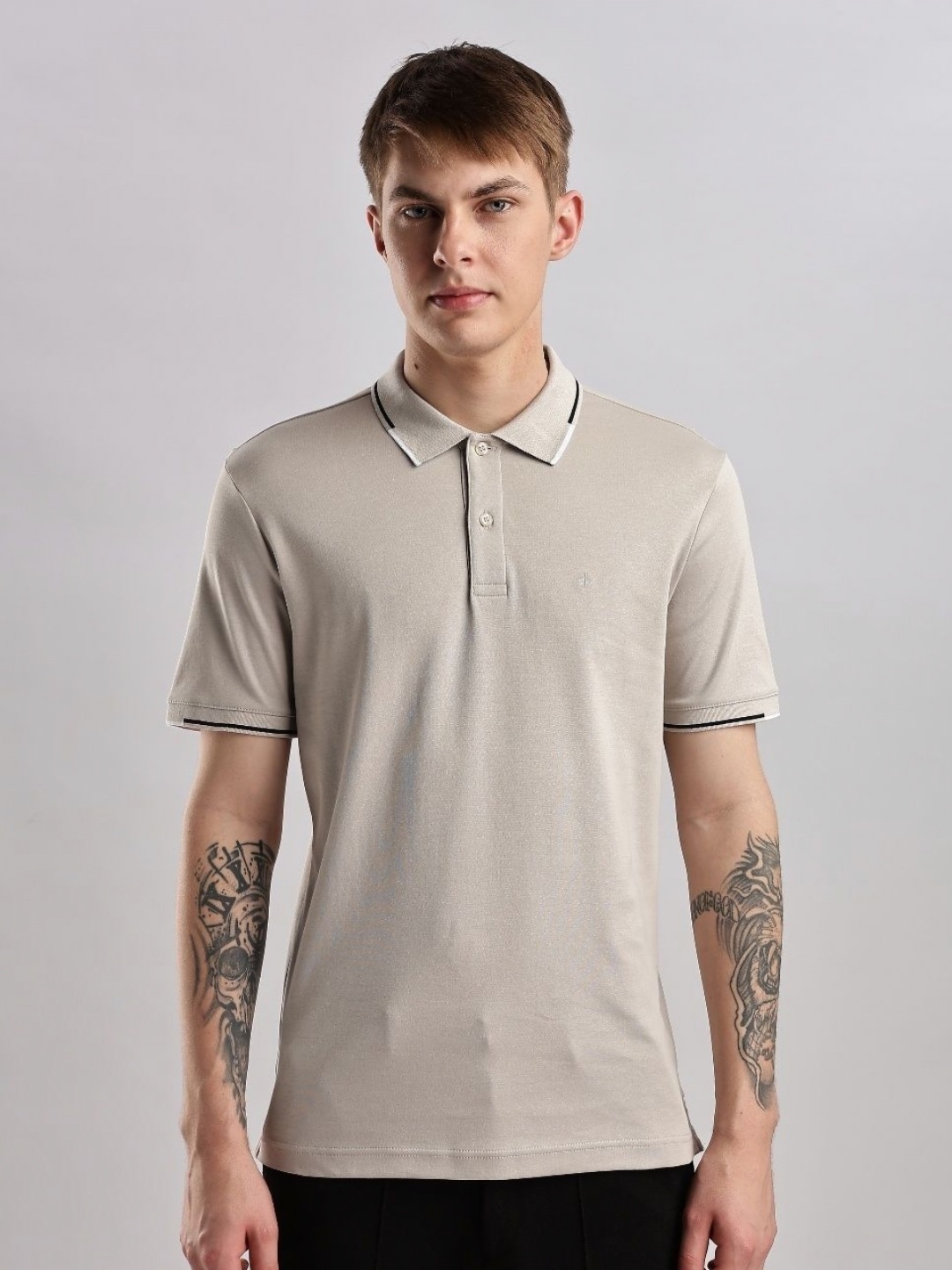 

Calvin Klein Jeans Men Polo Collar Organic Cotton Pockets Slim Fit T-shirt, Beige