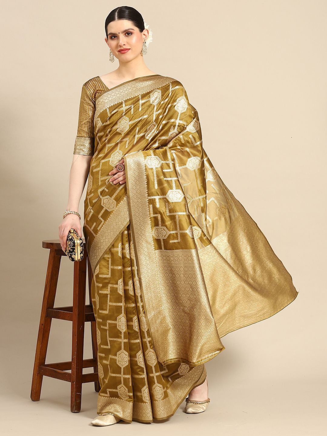 

Mitera Ethnic Motifs Zari Organza Banarasi Saree, Olive