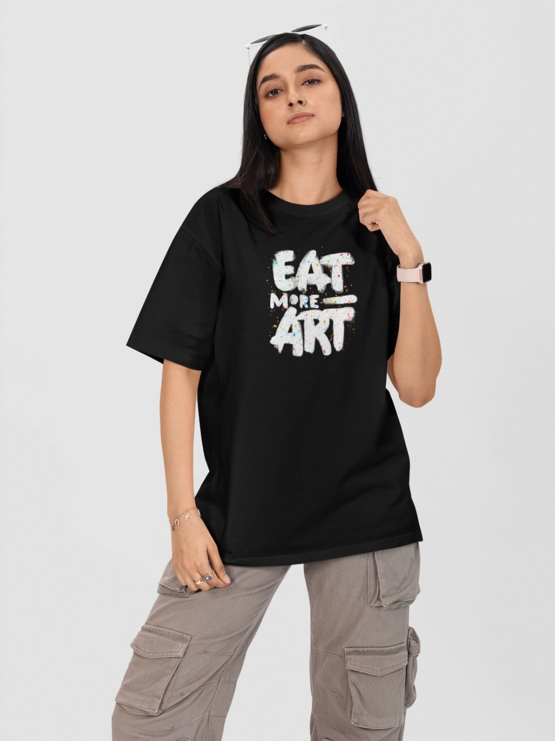 

Moda Rapido Women Printed Drop-Shoulder Sleeves Applique T-shirt, Black