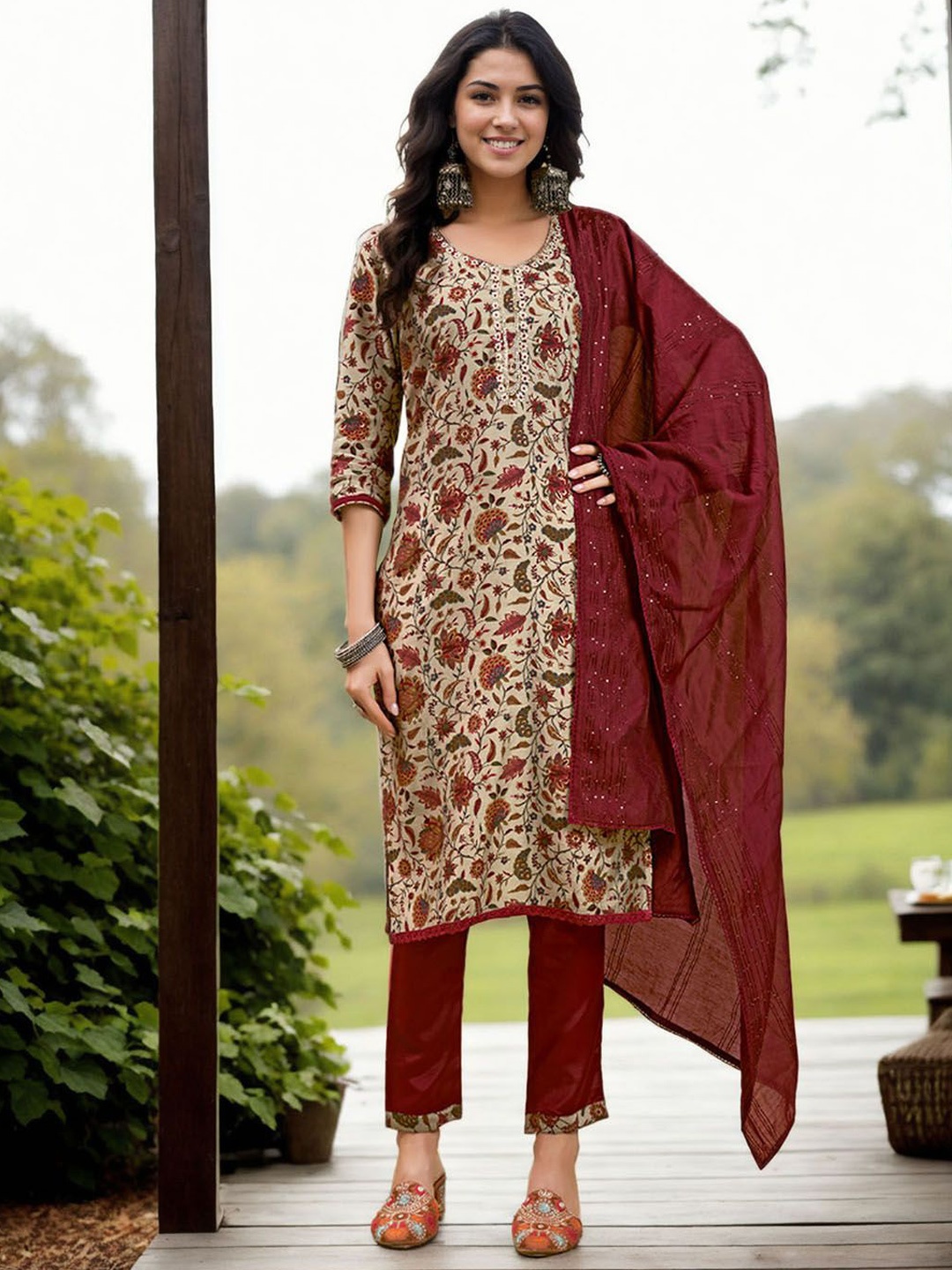 

Anouk Women Floral Embroidered Regular Beads and Stones Kurta with Trousers & With Dupatta, Beige