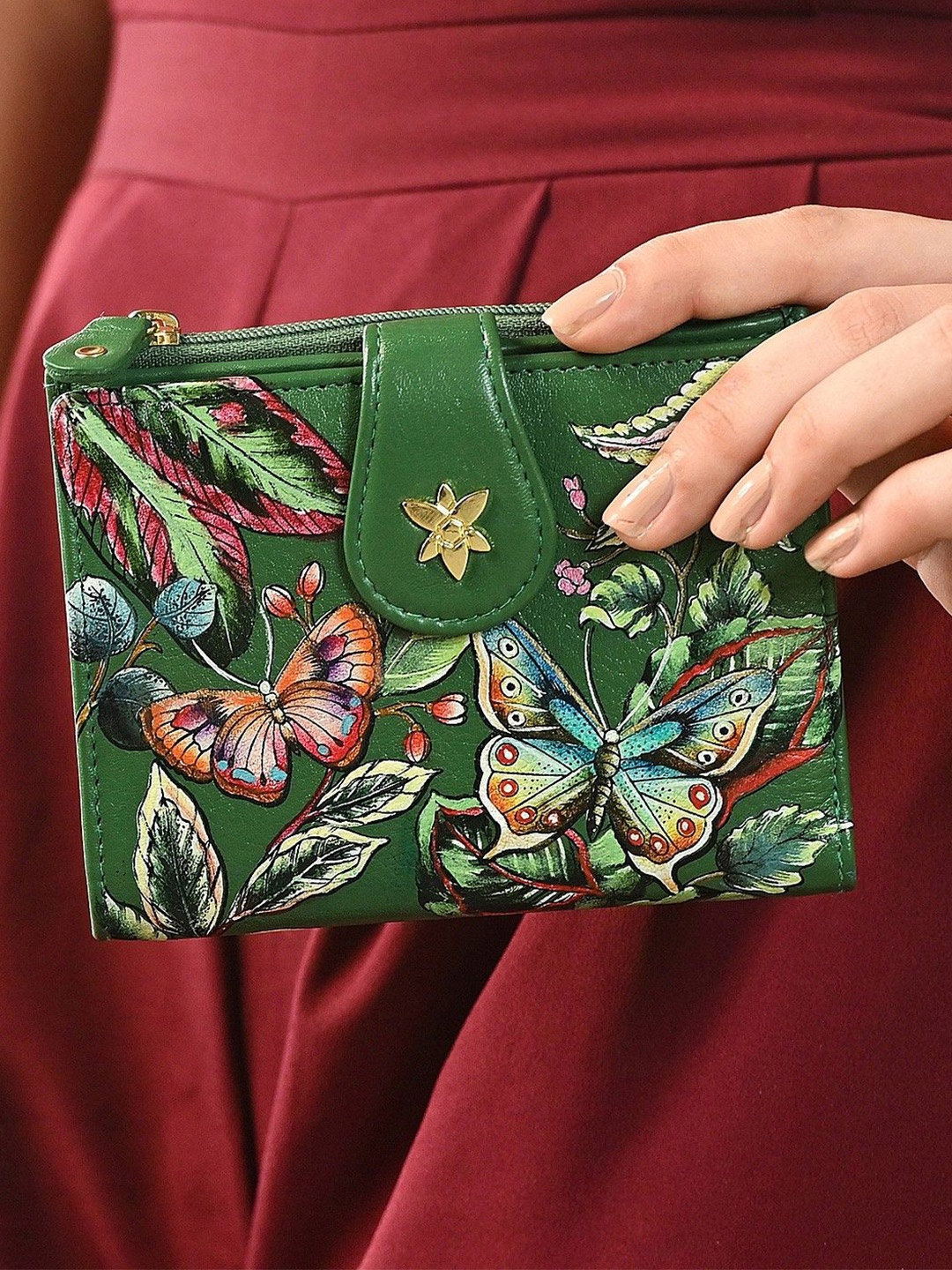 

Anuschka Hand Painted Dancing Leaves Leather Two Fold Organizer Wallet, Green