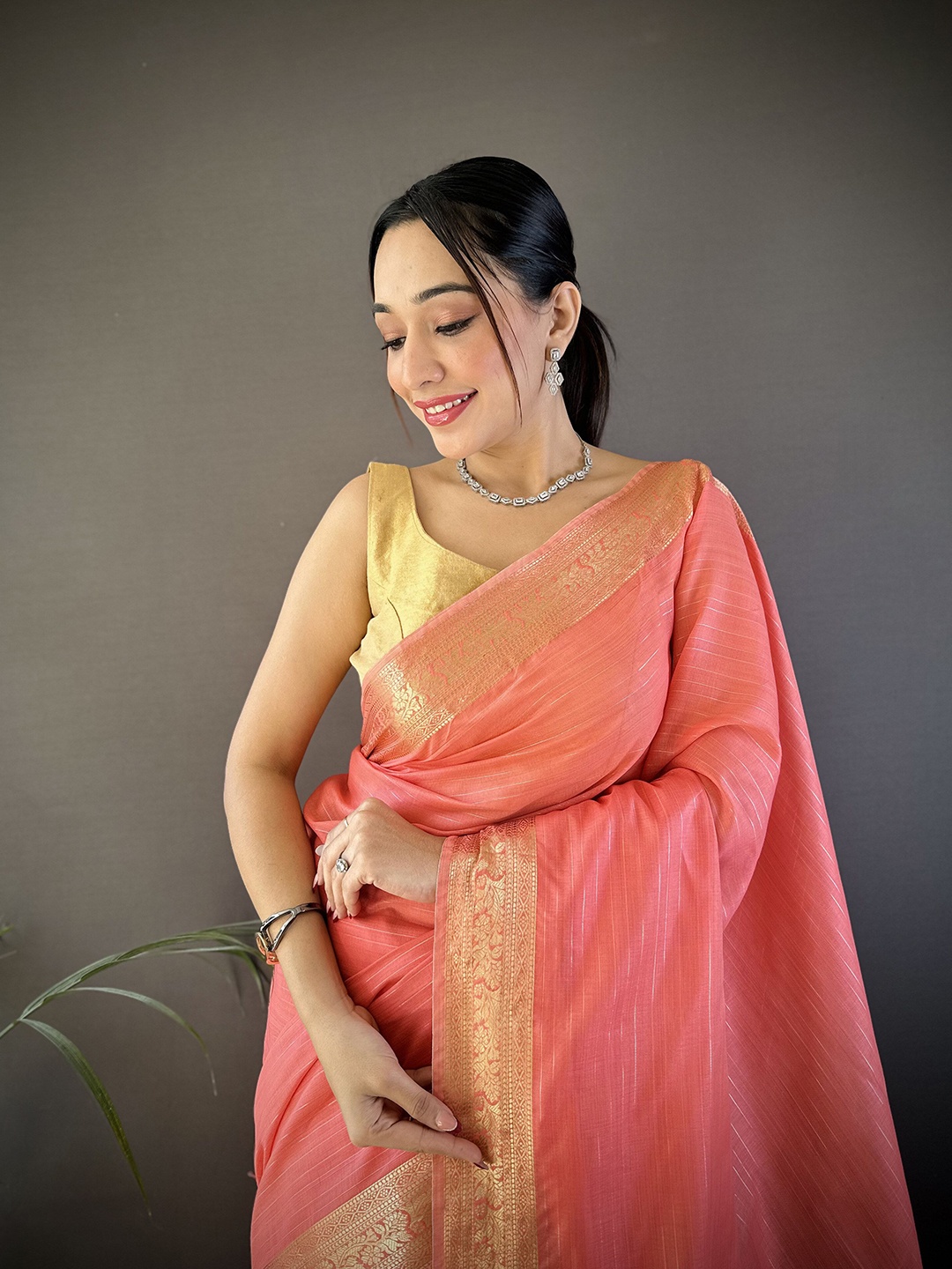 

NIWAA Woven Design Zari Pure Cotton Banarasi Saree, Orange