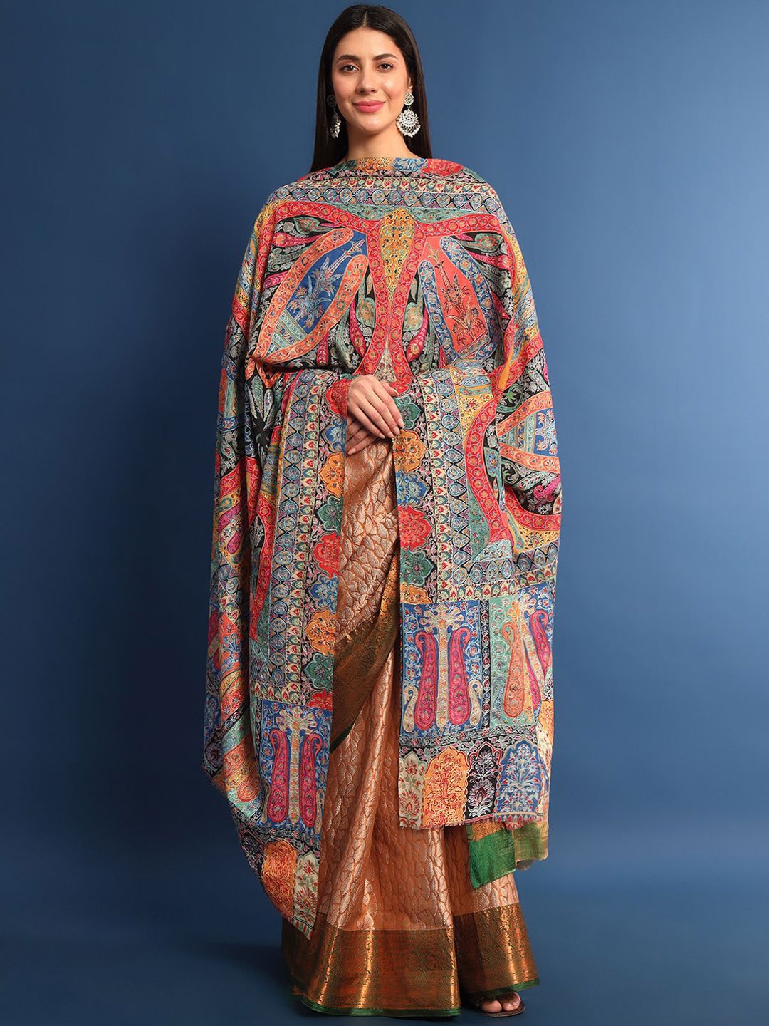 

Pashmoda Ethnic Motifs Embroidered Woollen Kalamkari Shawl, Blue