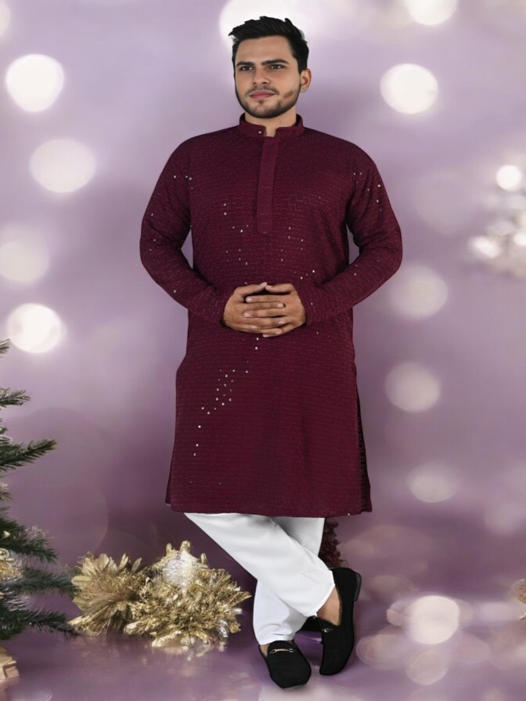 

Atly Men Embroidered Regular Sequinned Kurta with Pyjamas, Burgundy