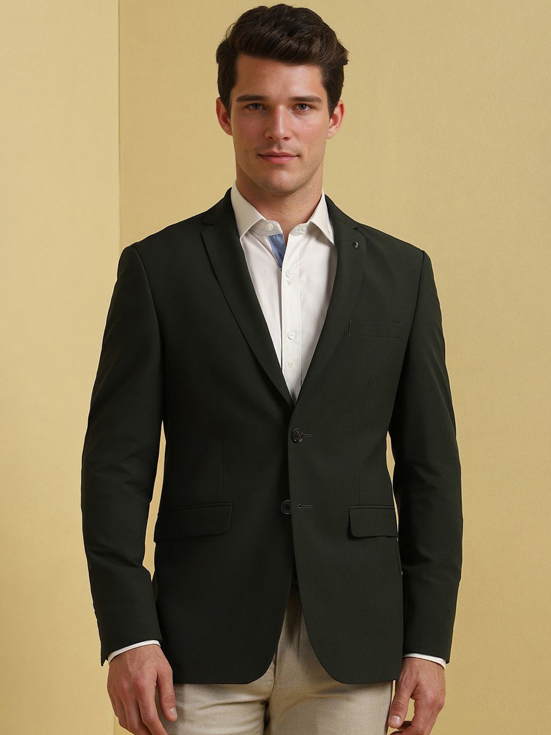 

Allen Solly Slim Fit Notched Collar Single Breasted Formal Blazer, Green
