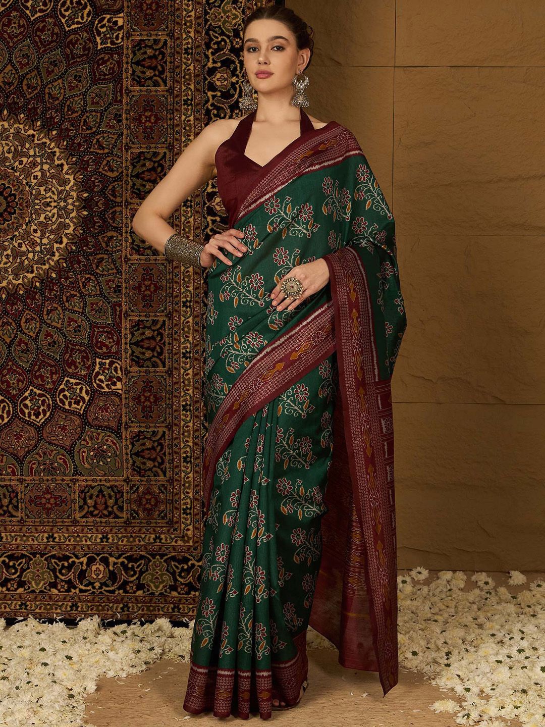 

Mitera Floral Silk Blend Ikat Saree, Green