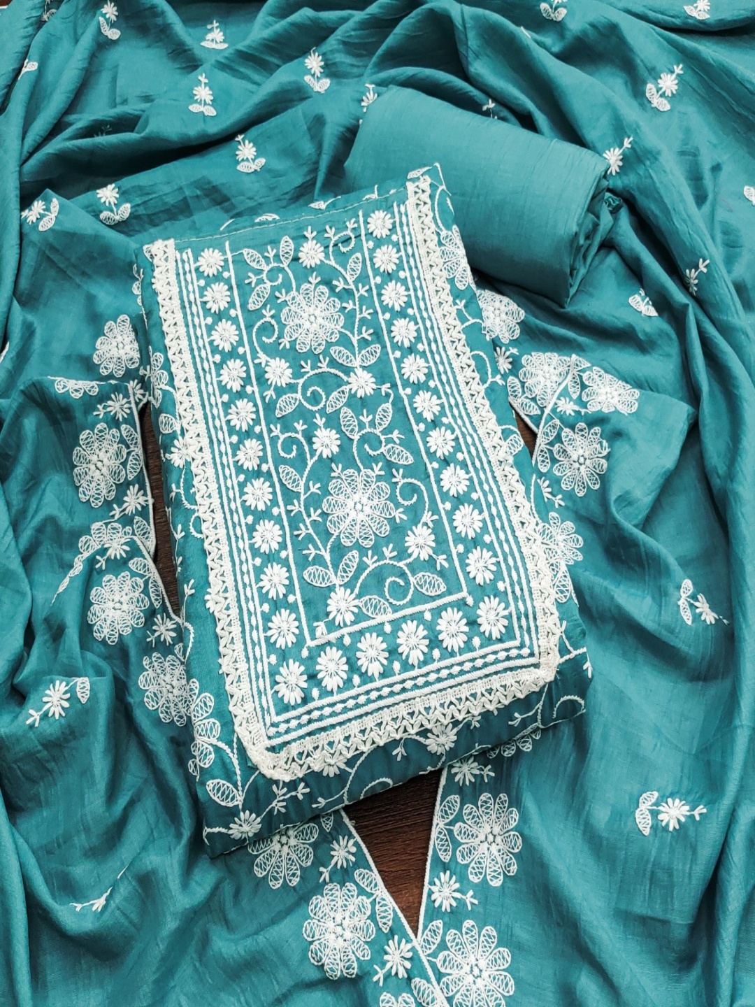 

Panzora Lucknowi Embroidered Thread Work Unstitched Dress Material, Blue