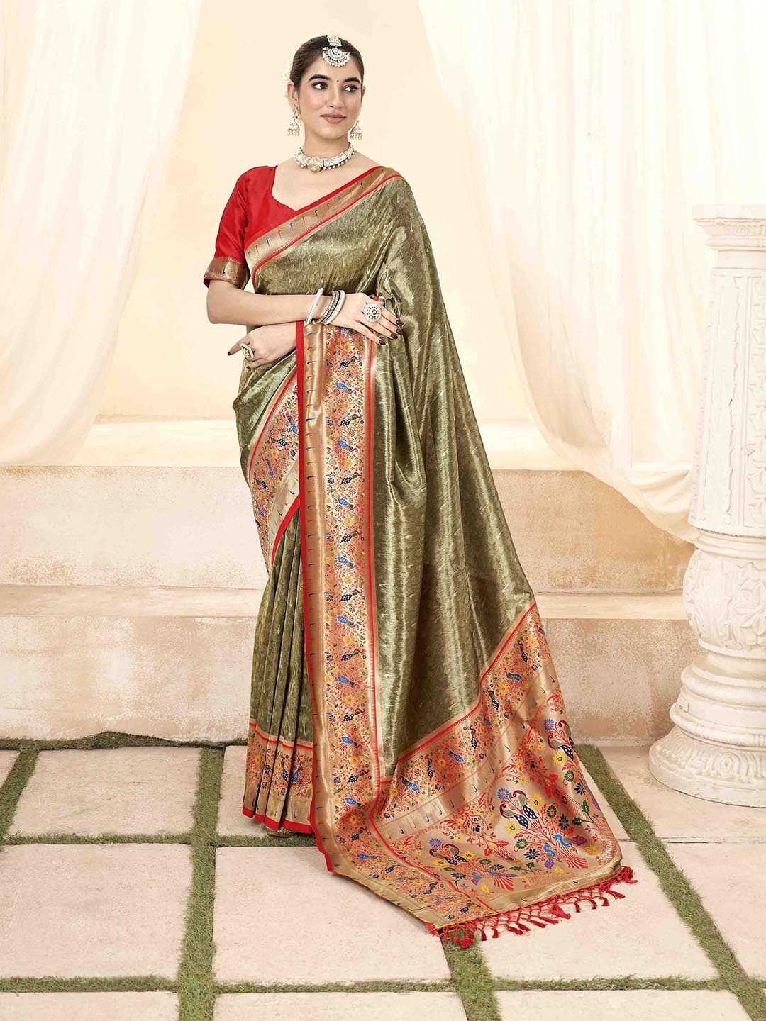 

DIVASTRI Woven Design Zari Silk Blend Paithani Saree, Olive