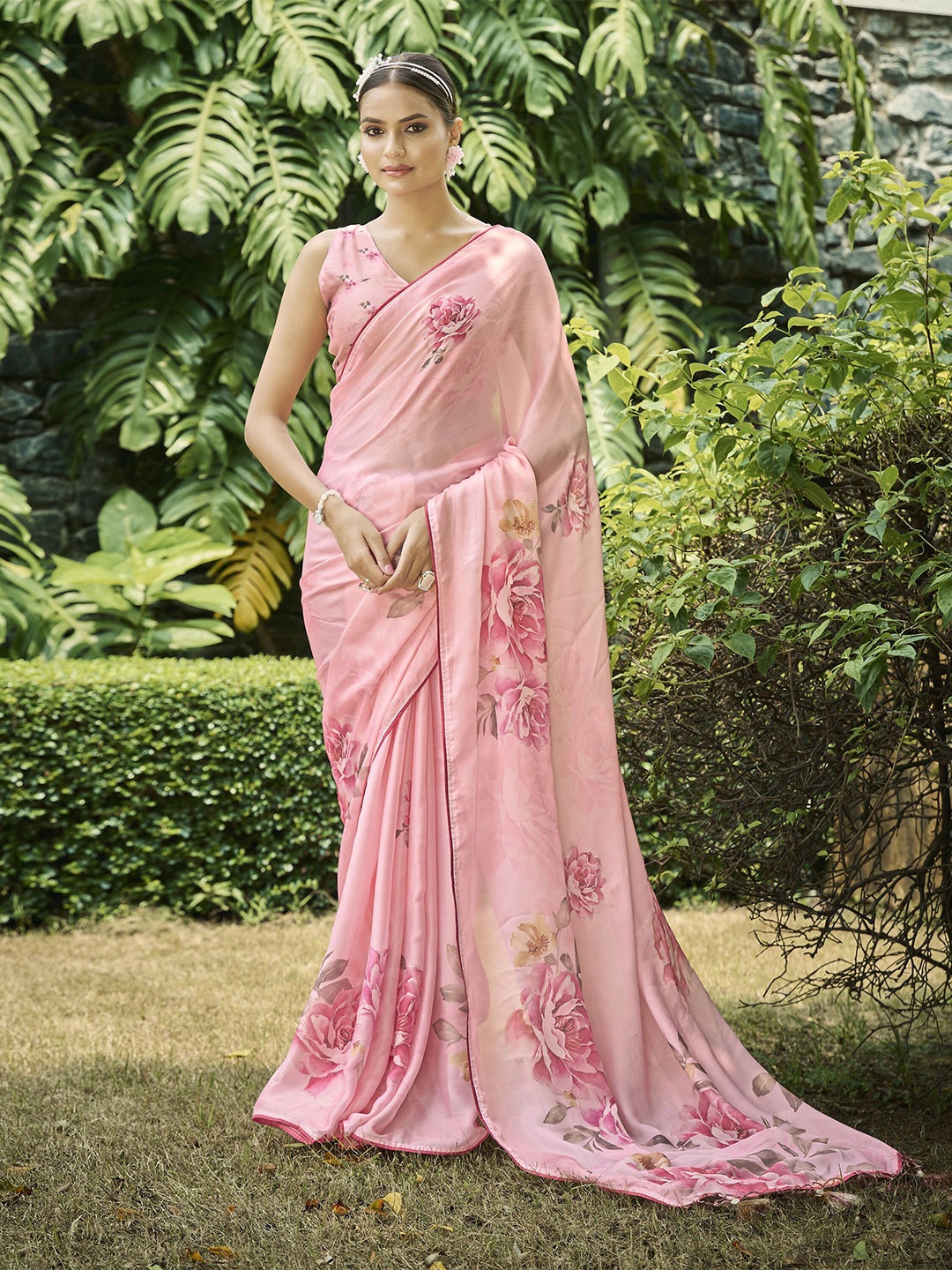 

TASRIKA Floral Satin Saree, Peach