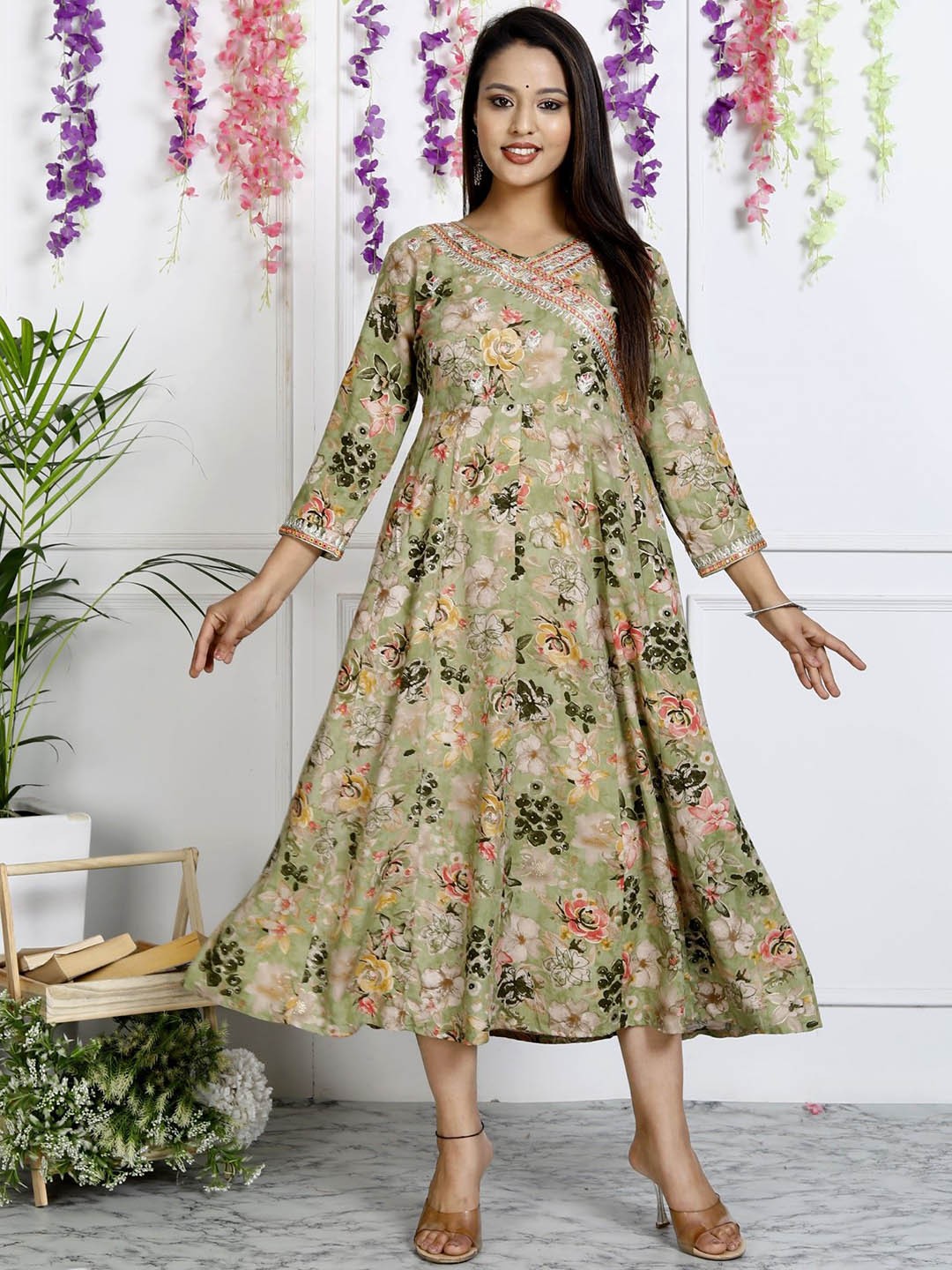 

ASANSHI Floral Printed Fit and Flare Ethnic Dresses, Green