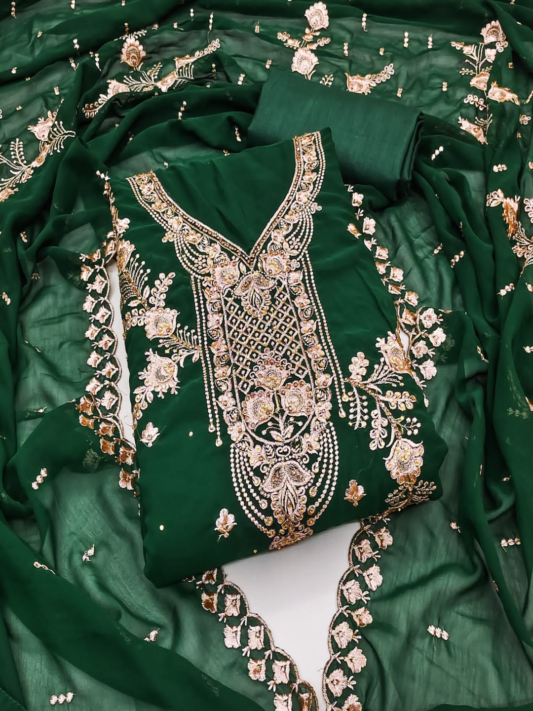 

Rangtulika Ethnics Ethnic Motifs Zari Embroidered Unstitched Dress Material, Green