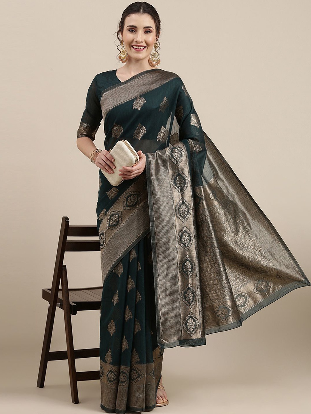 

Mitera Floral Zari Linen Blend Banarasi Saree, Teal