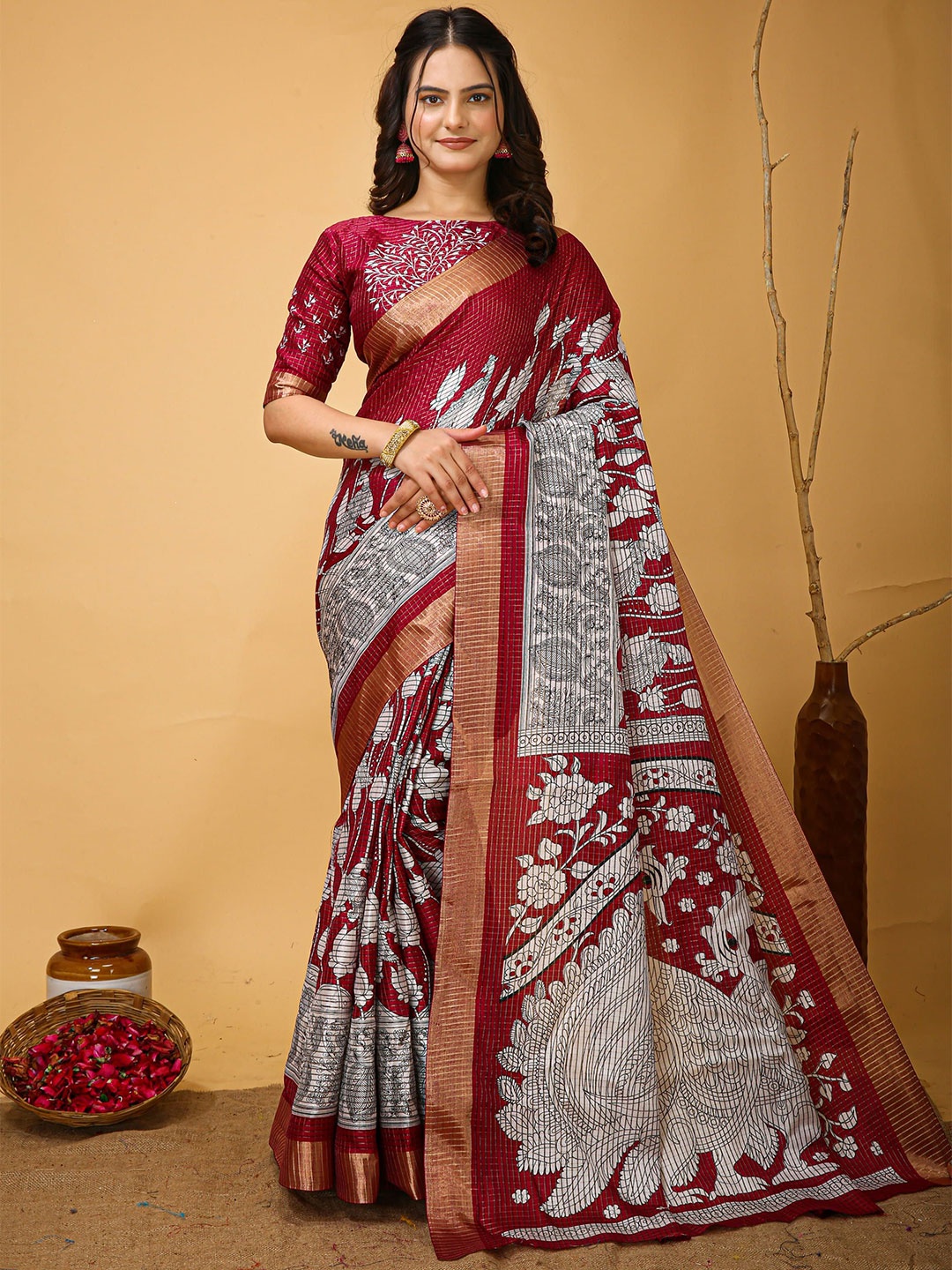 

HI FI NX Floral Zari Pure Cotton Kanjeevaram Saree, Pink