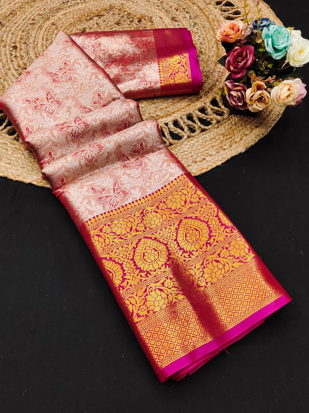 

yourwish Woven Design Zari Pure Silk Kanjeevaram Saree, Orange