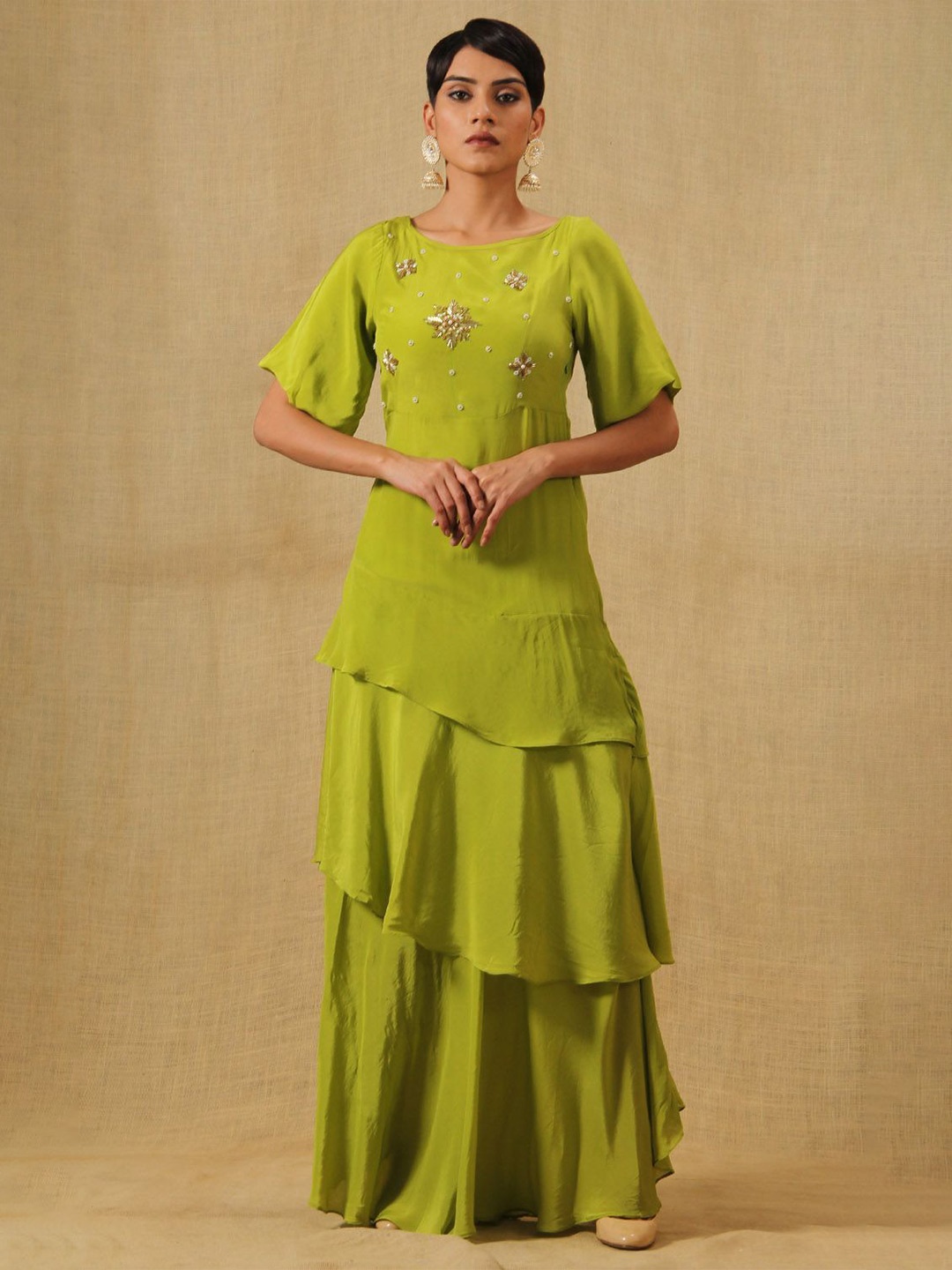 

KHUSHBOO AND PANKAJ Embellished Embroidered Flutter Sleeve Crepe A-Line Maxi Dress, Green