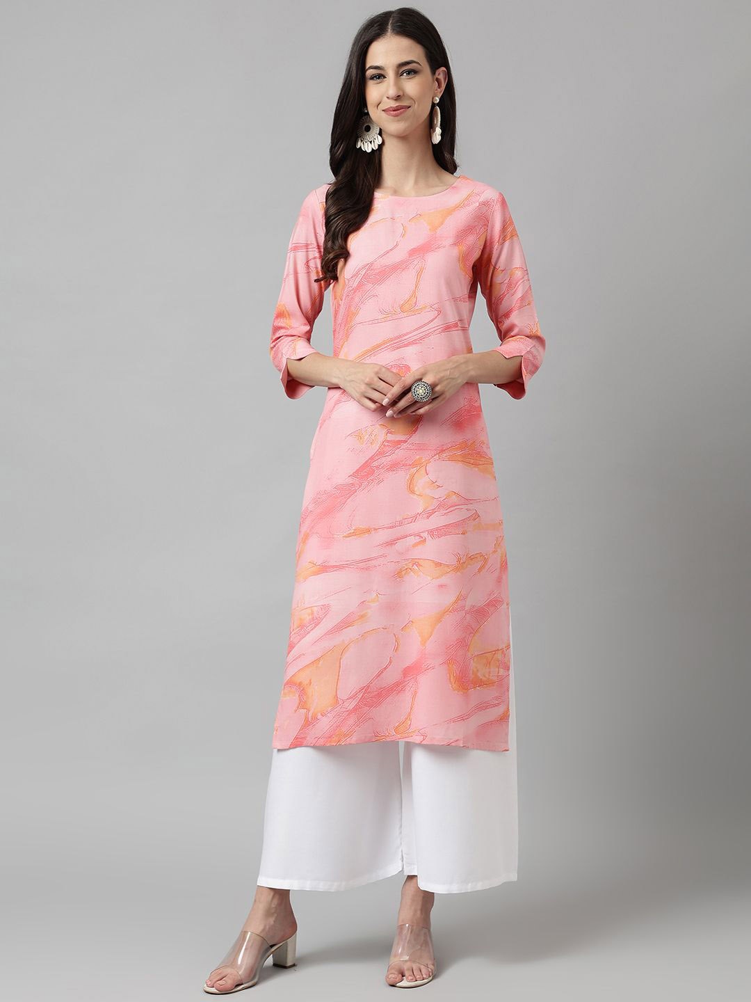 

KALINI Abstract Printed Round Neck Straight Kurta, Pink