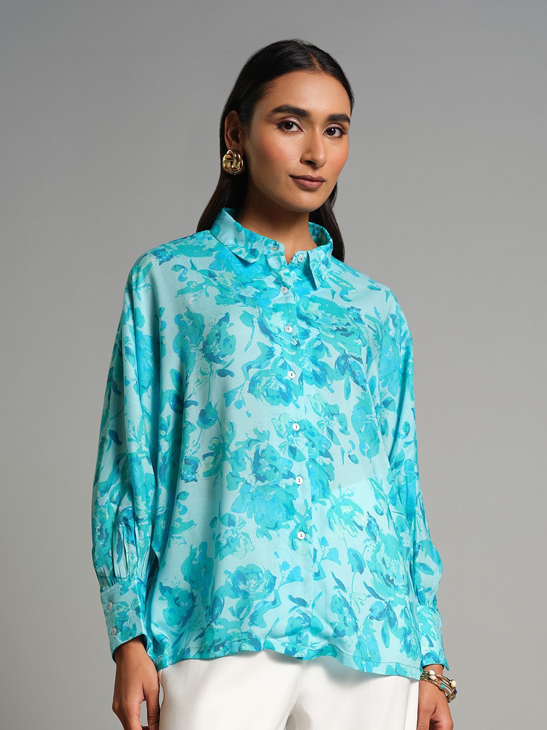 

AND Floral Print Puff Sleeve Top, Blue