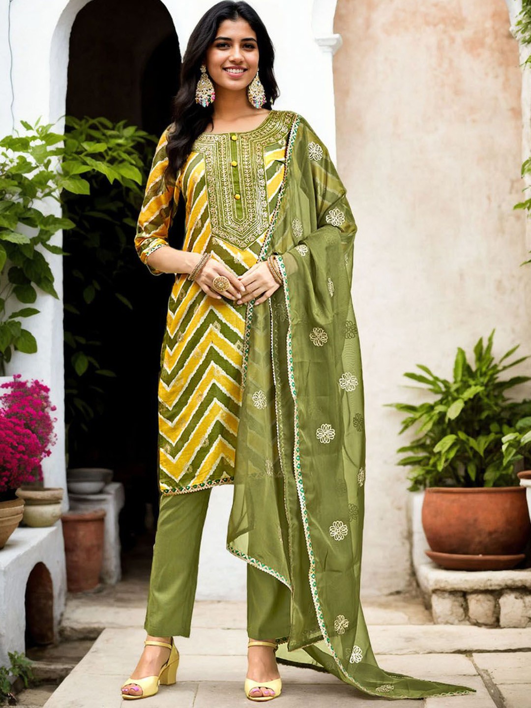

Anouk Women Ethnic Motifs Embroidered Regular Gotta Patti Pure Cotton Kurta with Trousers & With Dupatta, Yellow