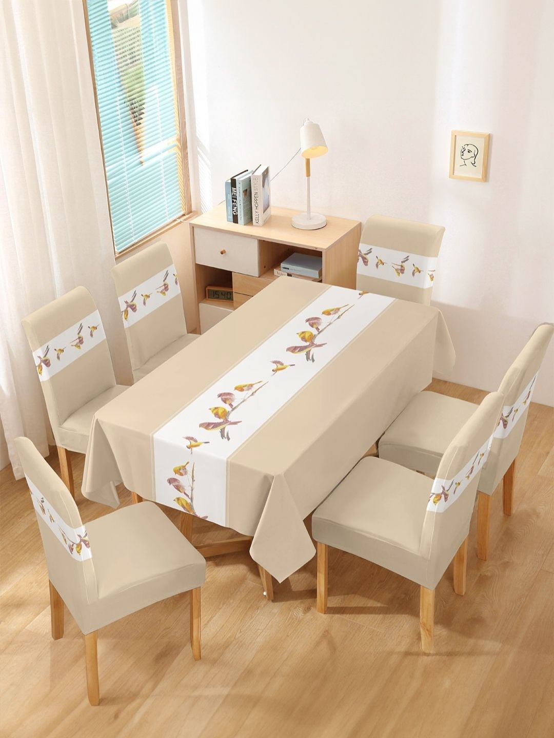 

Cortina Beige & White 7 Pieces Bird-Themed Printed Table & Chair Covers