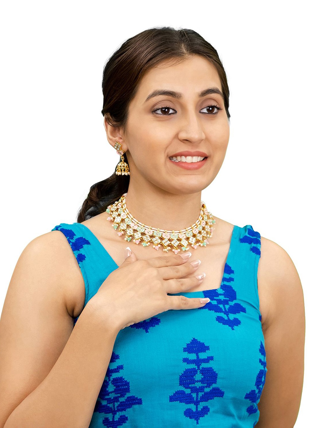 

Shining Jewel - By Shivansh Gold-Plated Kundan Studded & Pearls Beaded Jewellery Set, Purple