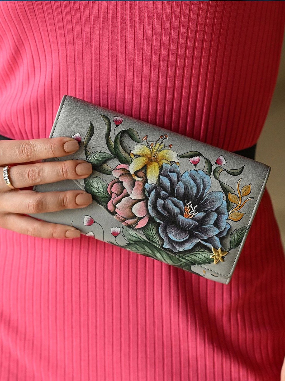 

Anuschka Hand Painted Ethereal Garden Leather Accordion Flap Wallet, Grey