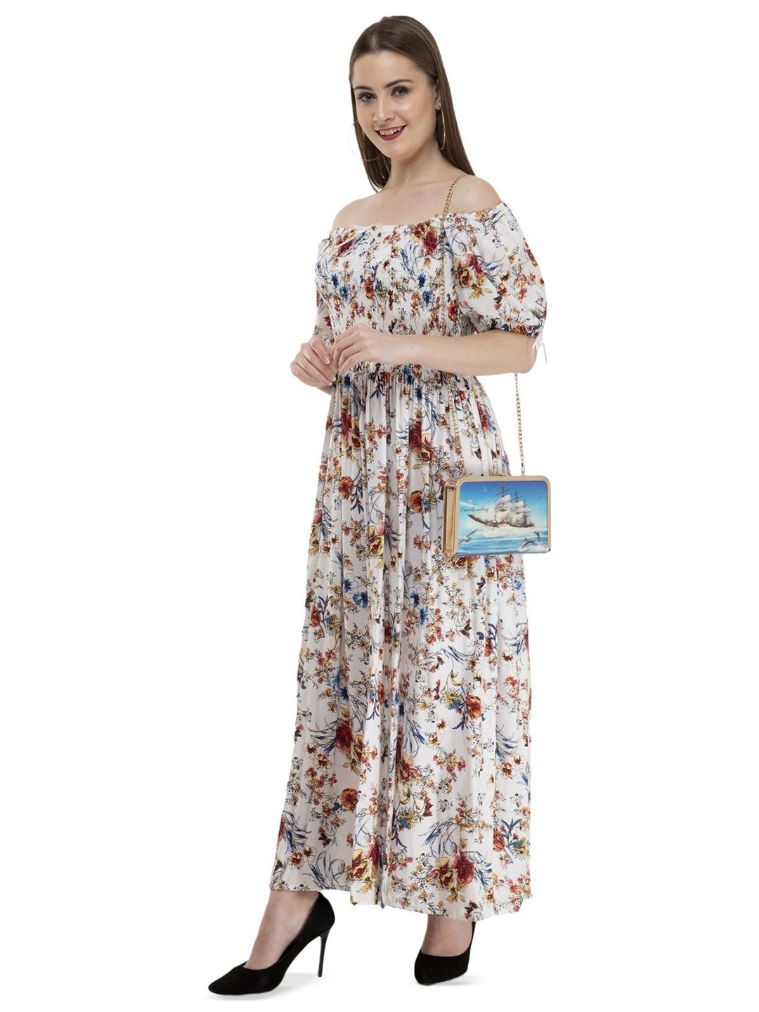 

YLCOMPANY Floral Print Bell Sleeve Fit & Flare Maxi Dress, White