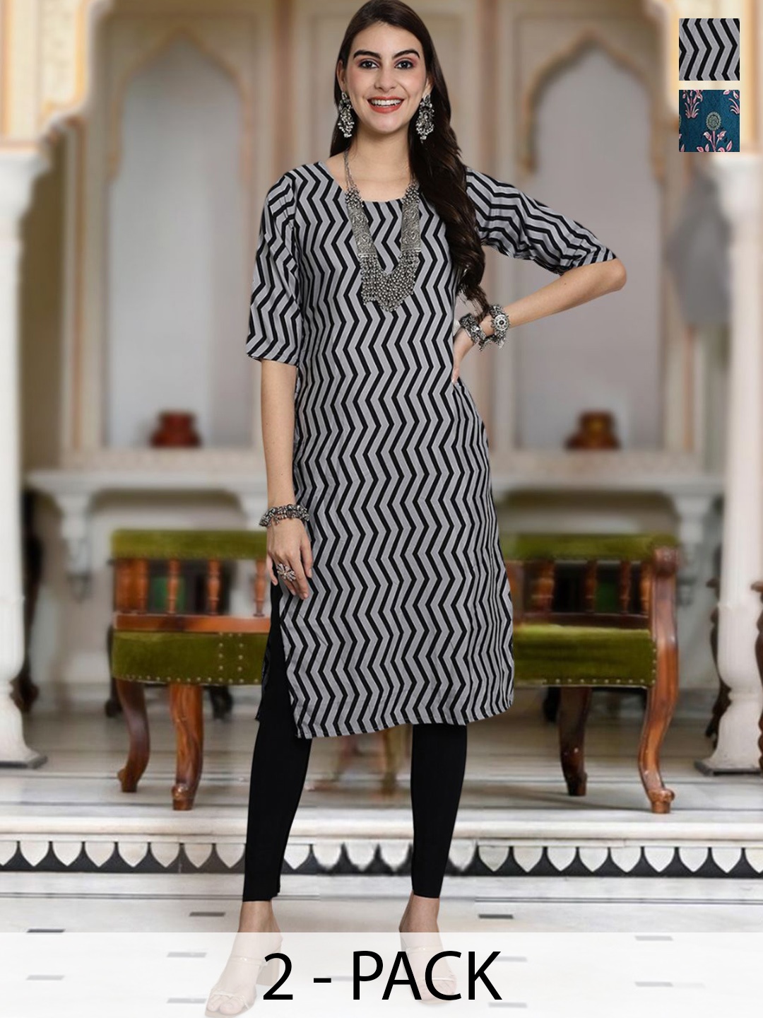 

Moda Rapido Selection Of 2 Chevron Printed Round Neck Straight Kurta, Black