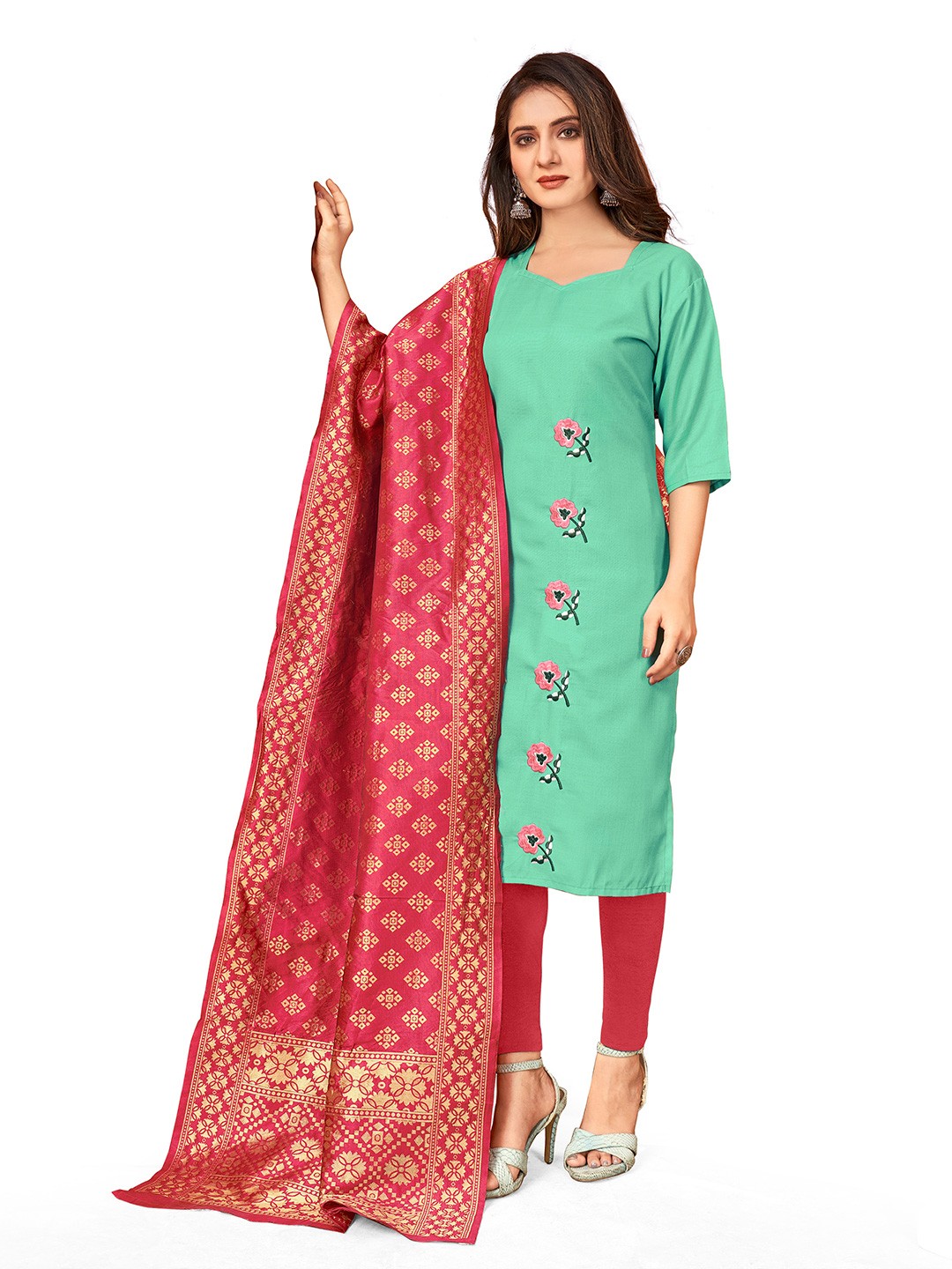 

HERE&NOW Floral Embroidered Thread Work Unstitched Dress Material, Sea green