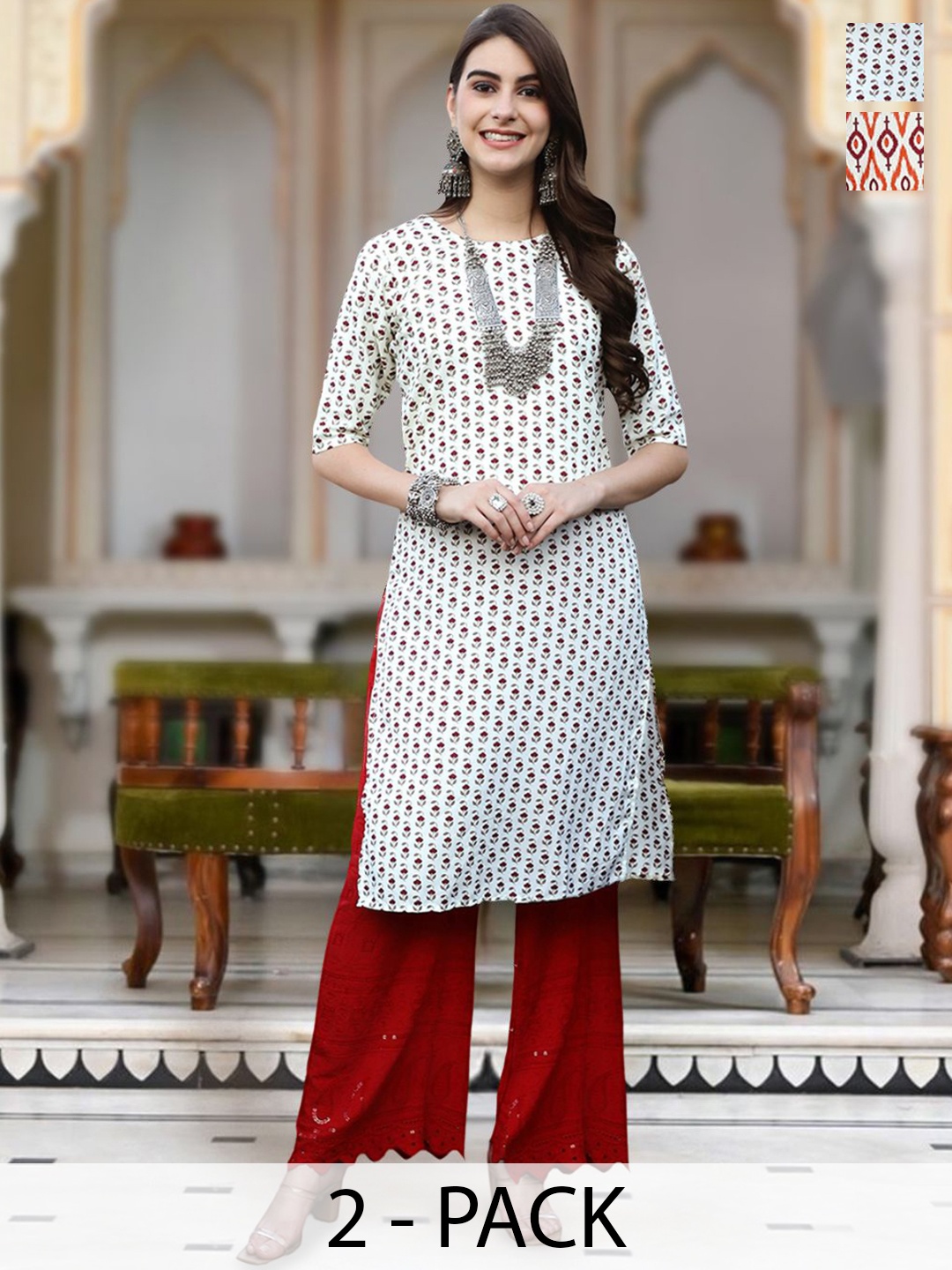 

Moda Rapido Selection Of 2 Floral Printed Round Neck Straight Kurta, Cream