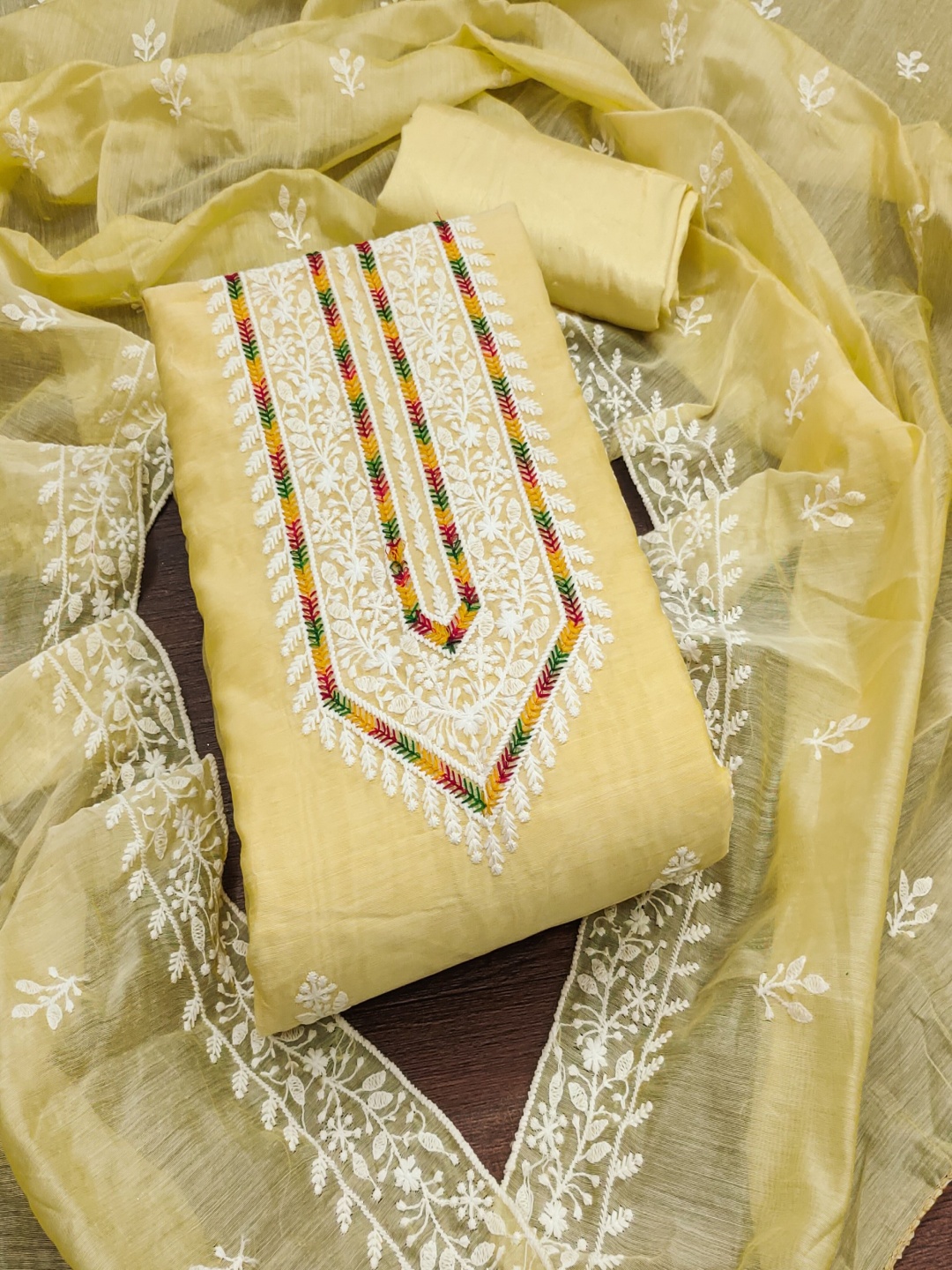 

Panzora Lucknowi Embroidered Thread Work Cotton Unstitched Dress Material, Yellow