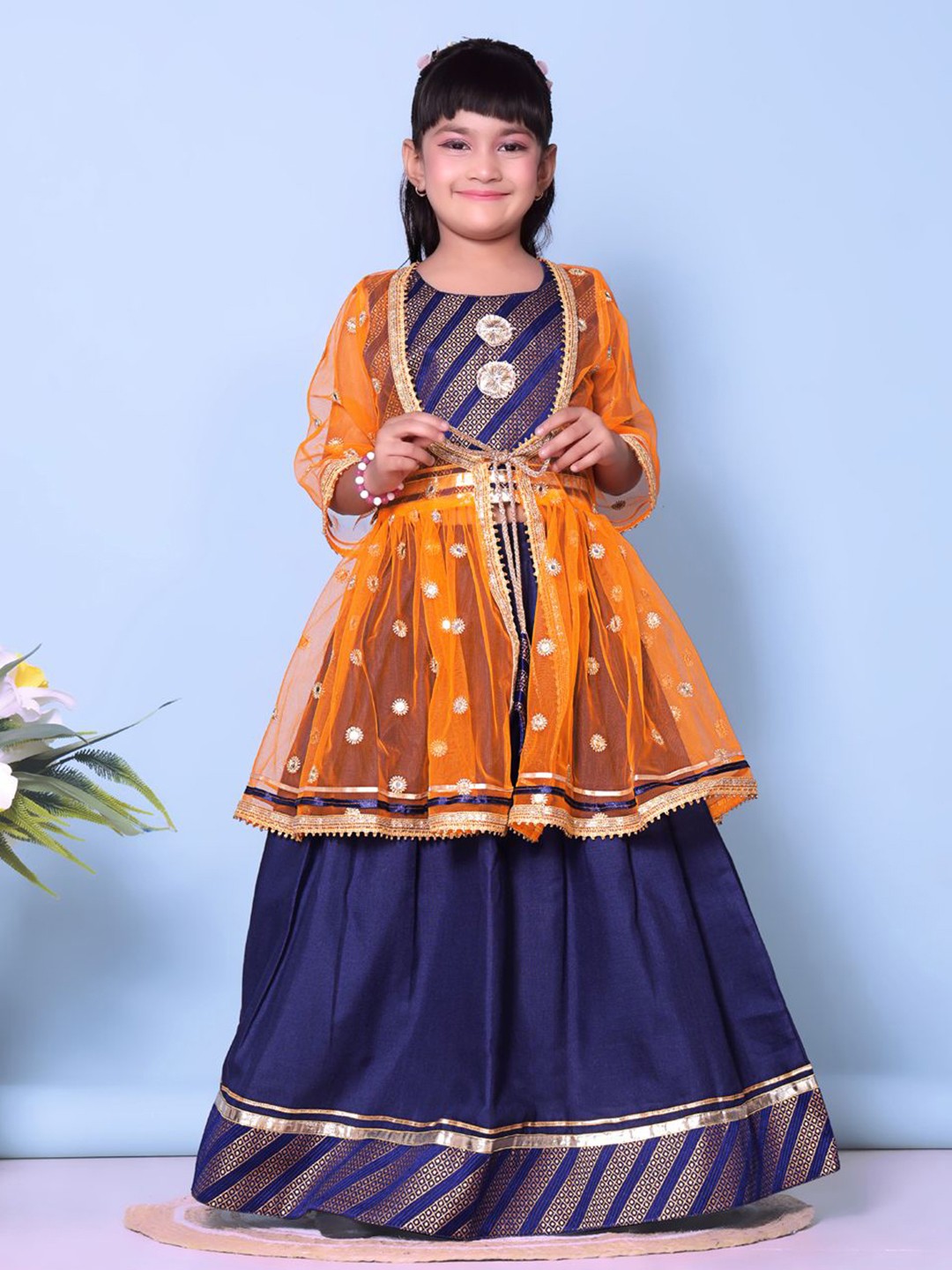 

BAESD Girls Embroidered Mirror Work Choli & Lehanga With Koti, Orange
