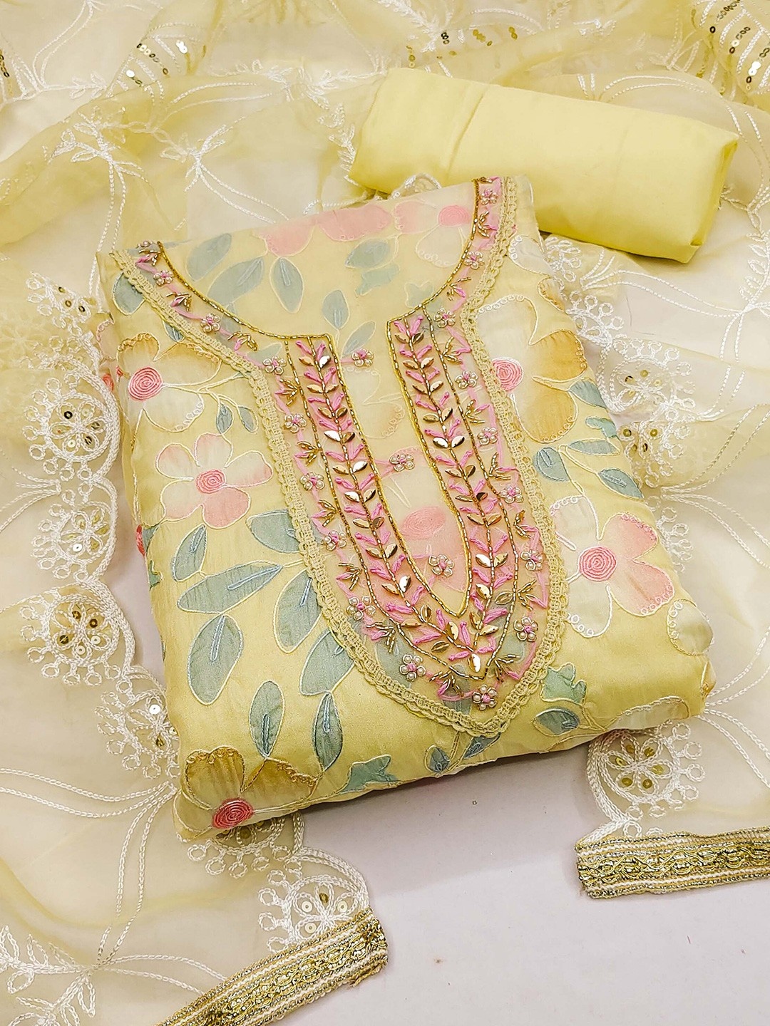 

Panzora Floral Embroidered Beaded Organza Unstitched Dress Material, Yellow