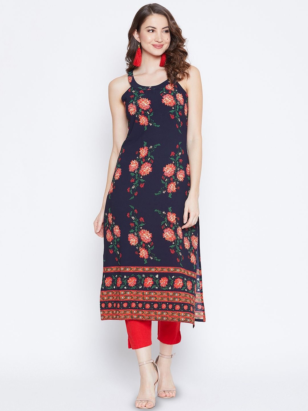 

Berrylush Floral Printed Halter Neck Straight Kurta, Navy blue