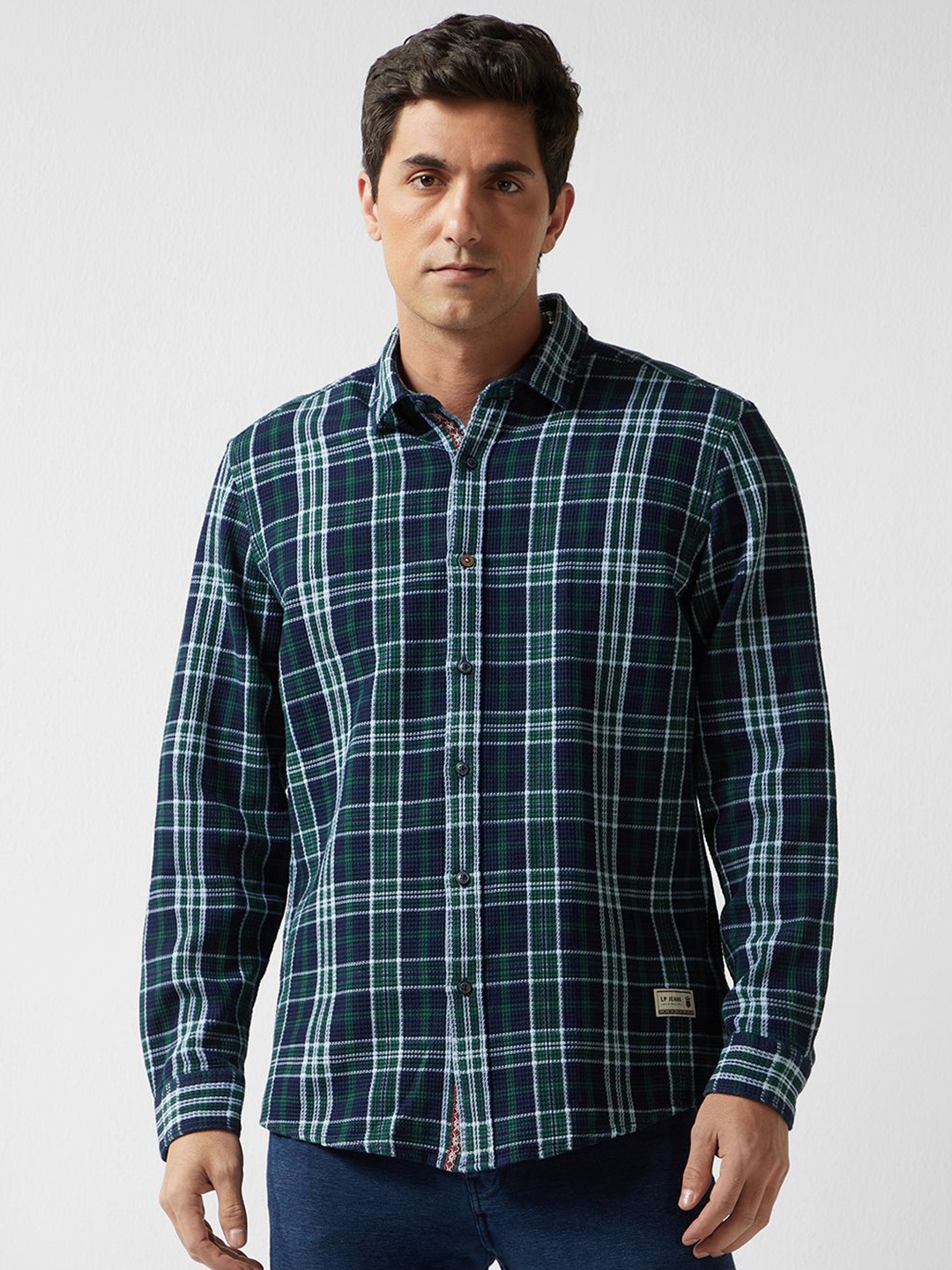 

Louis Philippe Jeans Men Slim Fit Opaque Checked Casual Shirt, Navy blue