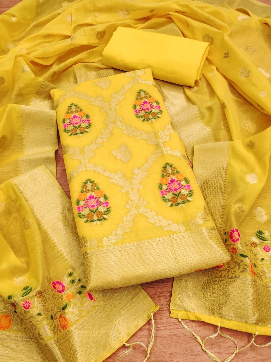 

Rangtulika Floral Woven Design Unstitched Dress Material, Yellow