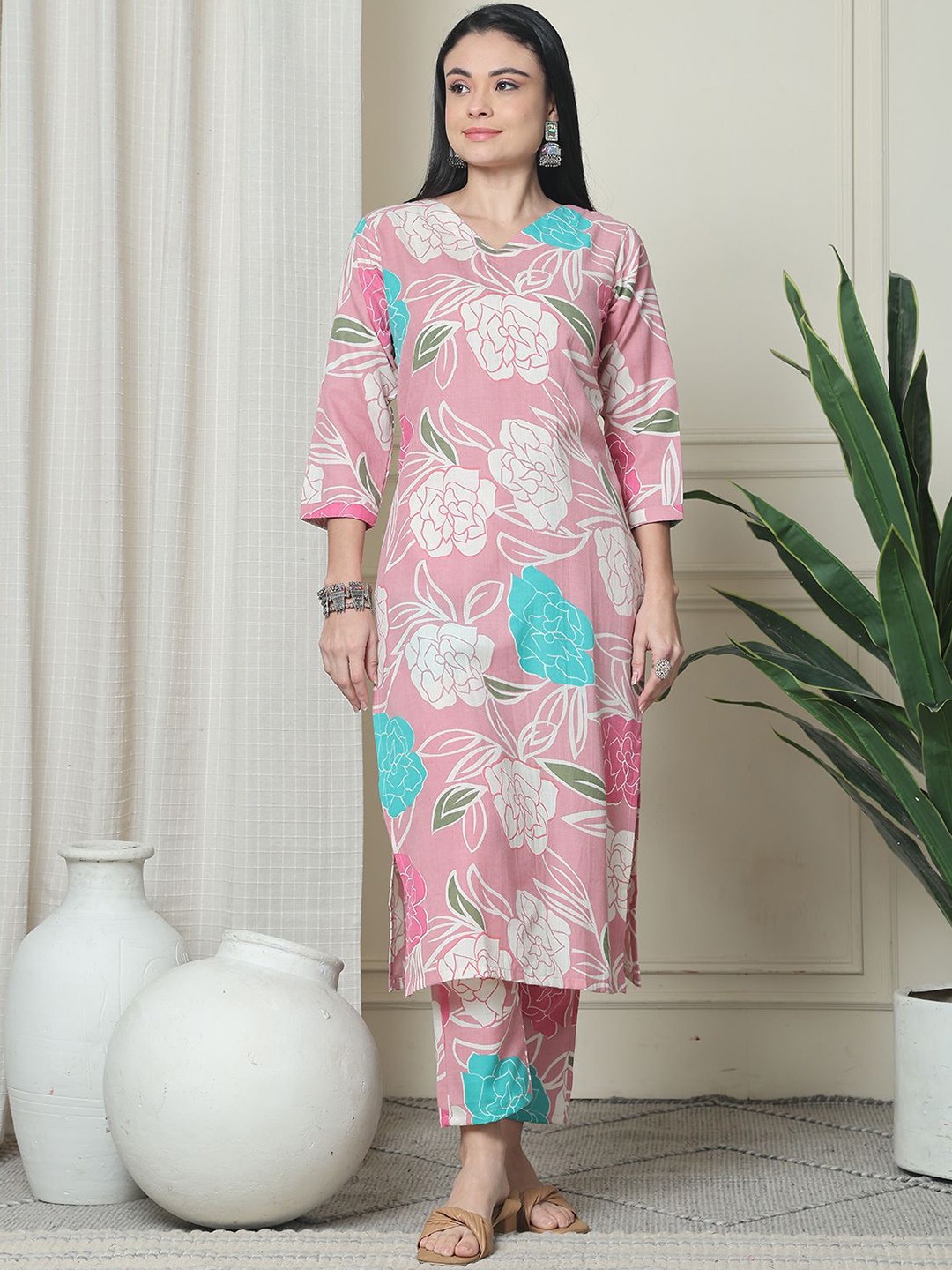 

Roly Poly Floral Printed V-Neck Pure Cotton Tunic With Trouser, Pink