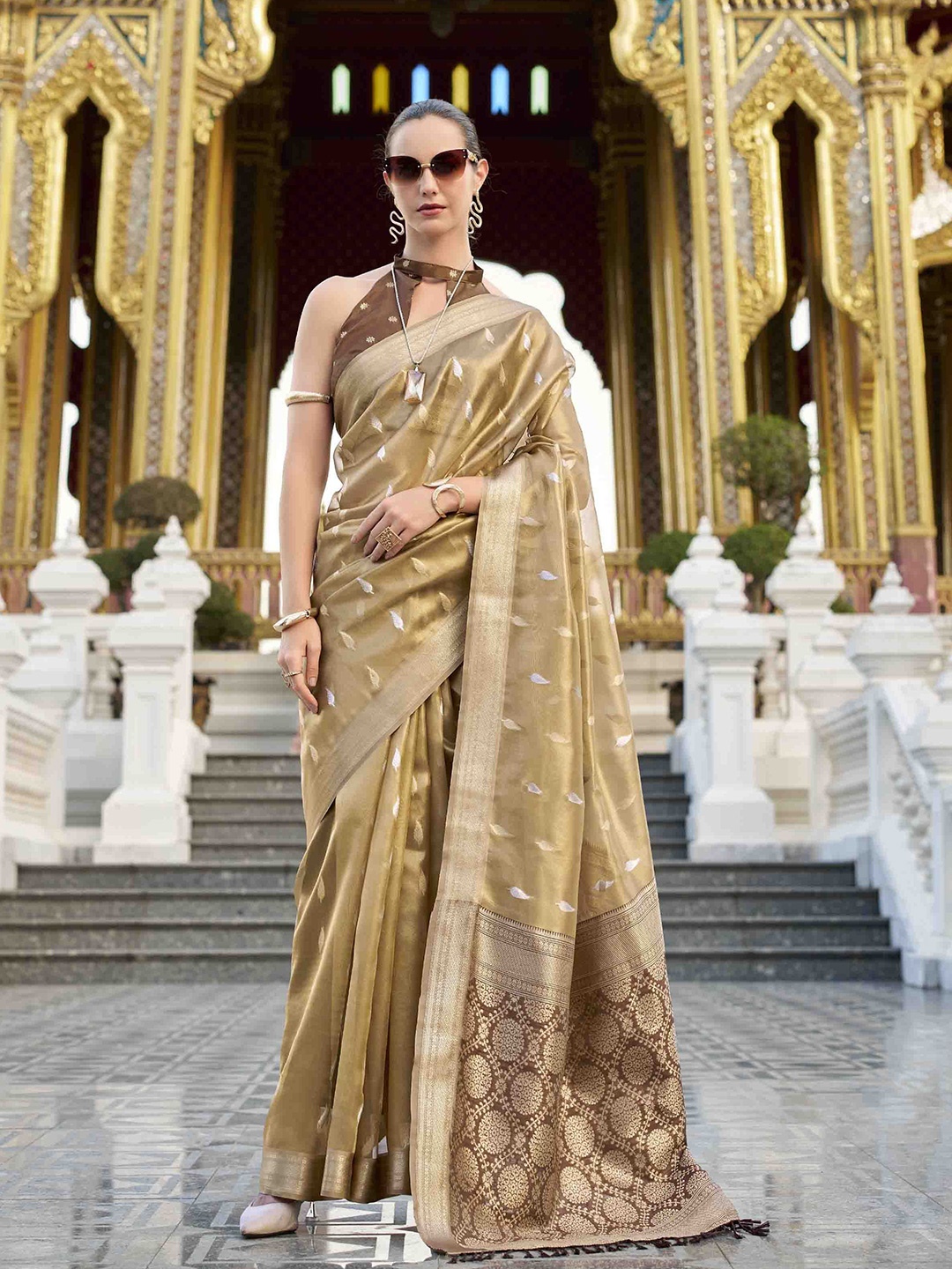 

Blissta Woven Design Zari Tissue Banarasi Saree, Camel brown