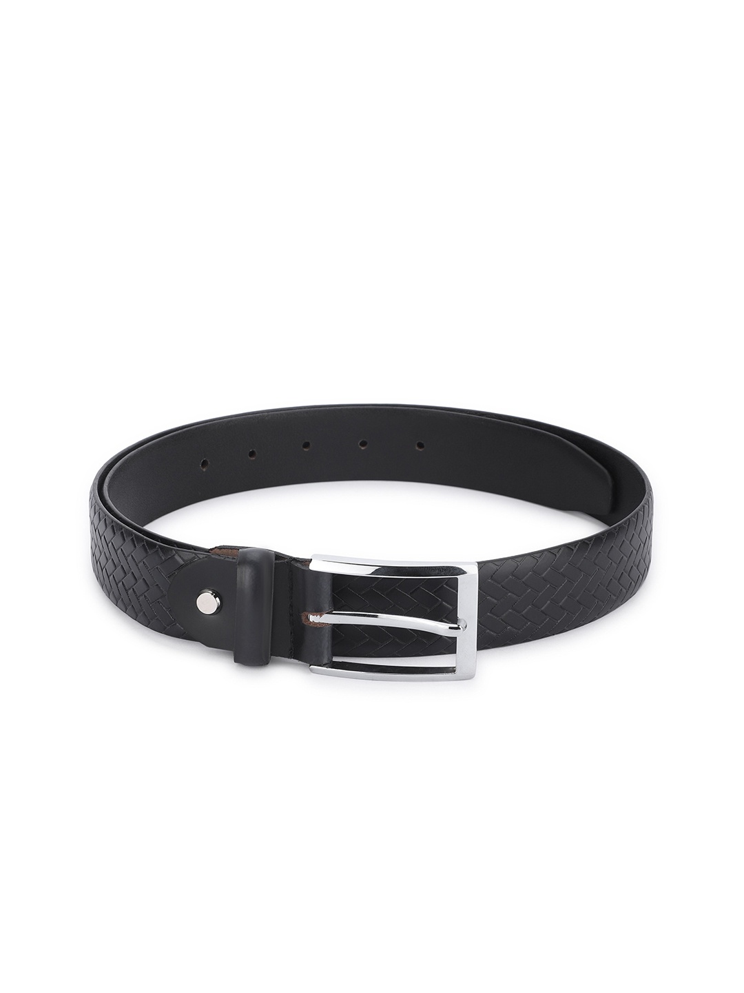 

WROGN Men Checked Leather Formal Belt, Black