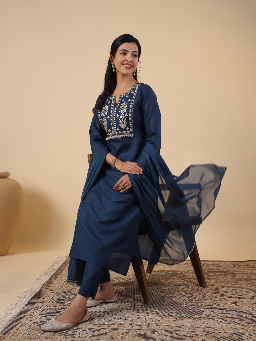 

KALINI Women Floral Embroidered Regular Patchwork Pure Cotton Kurta with Trousers & With Dupatta, Teal