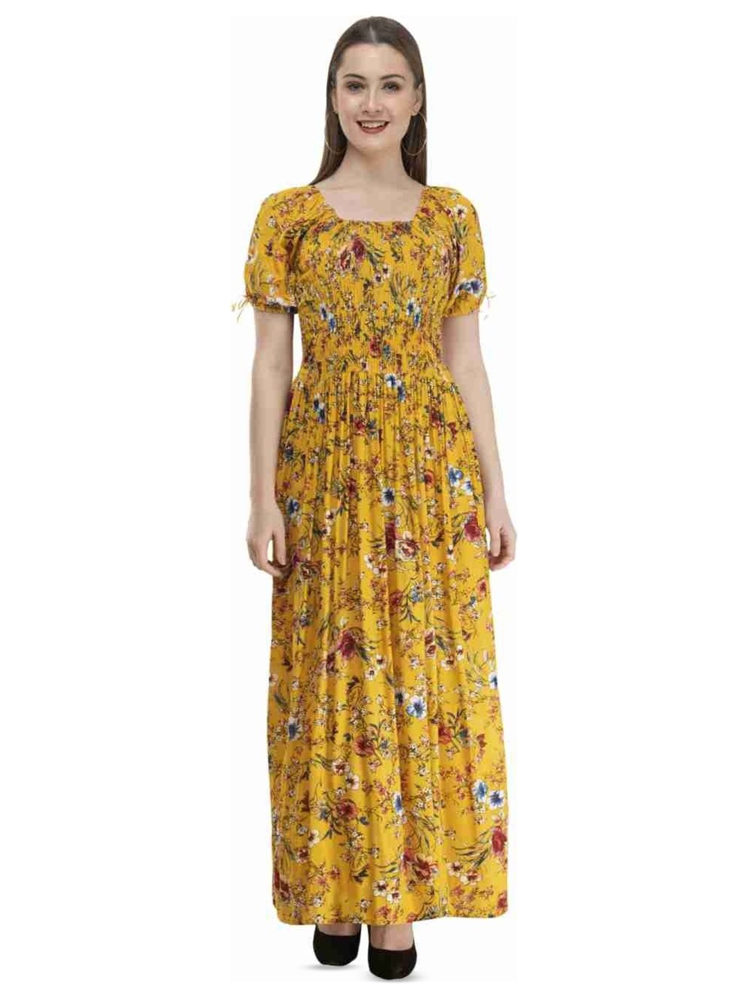 

YLCOMPANY Floral Print Puff Sleeve Empire Maxi Dress, Yellow