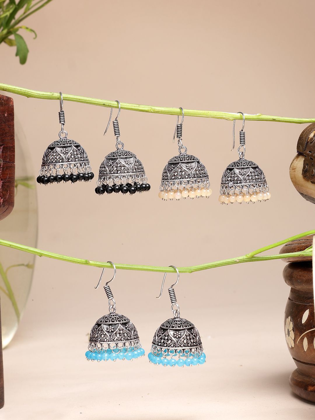 

NVR Women Set of 3 German Silver Artificial Beads Oxidised Silver Plated Jhumka Earrings