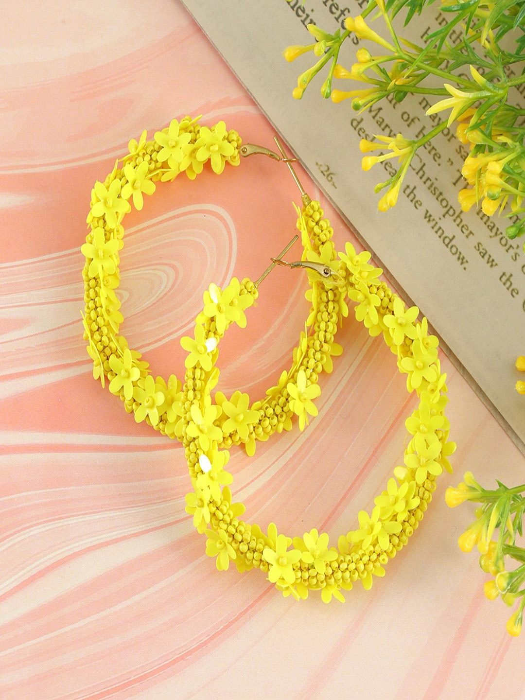 

Sangria Gold-Plated Artificial Beaded Floral Circular Shaped Hoop Earrings