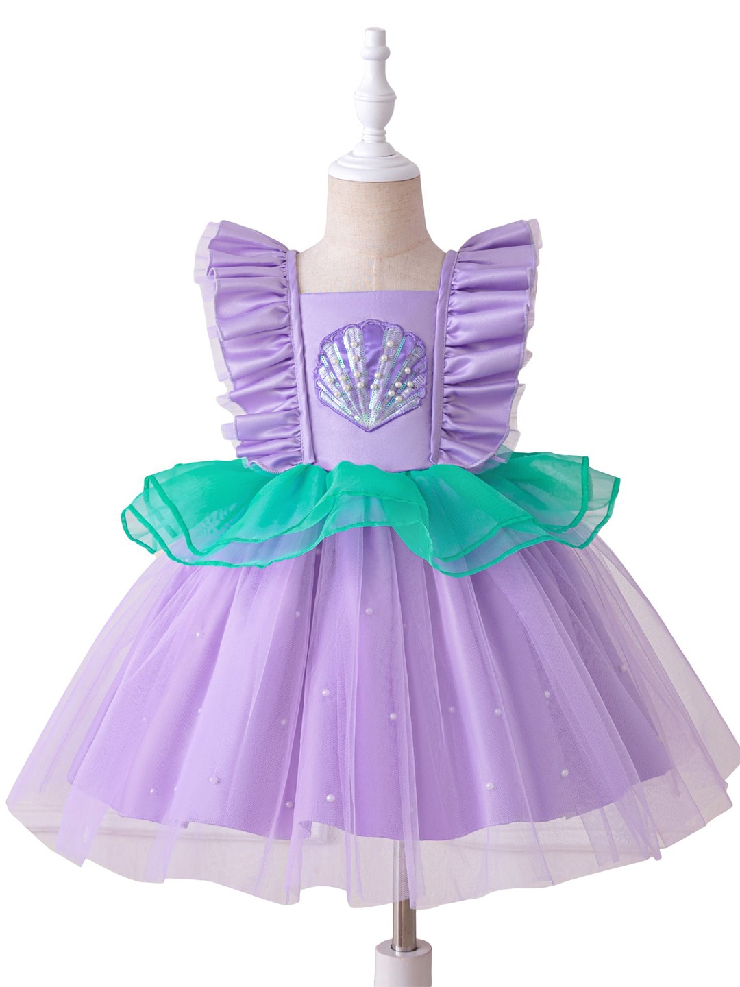 

StyleCast x Revolte Colourblocked Choker Neck Ruffled Net A-Line Dress, Purple