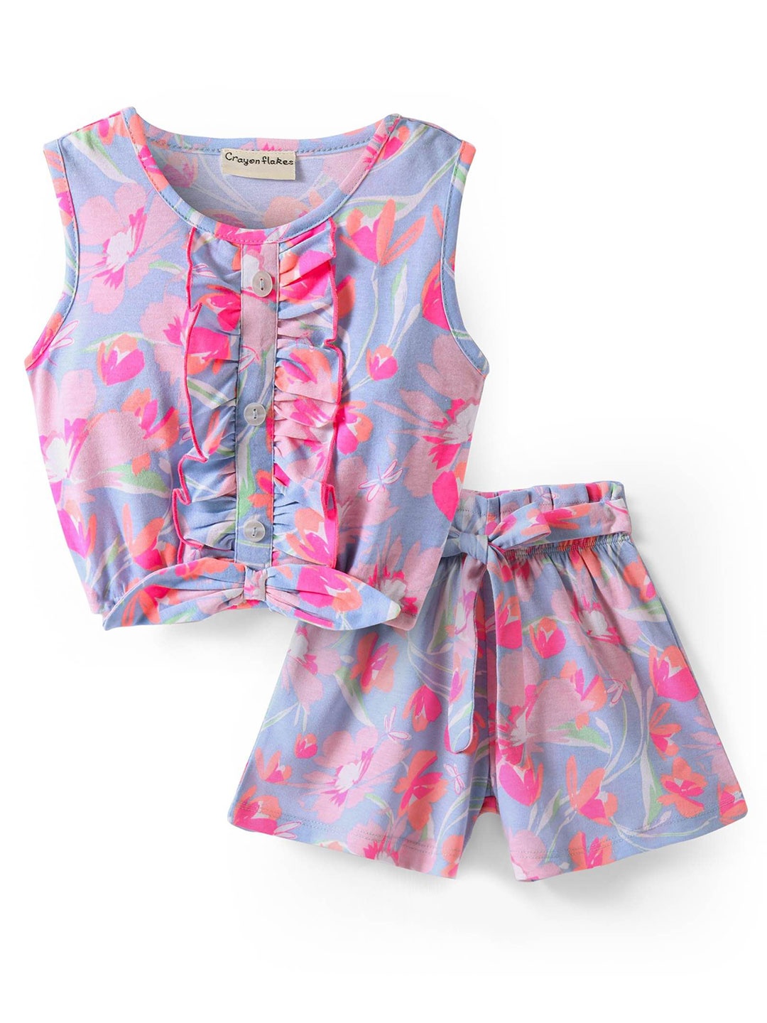 

CrayonFlakes Girls Floral Printed Round Neck Pure Cotton Frilled Crop Top With Short, Blue