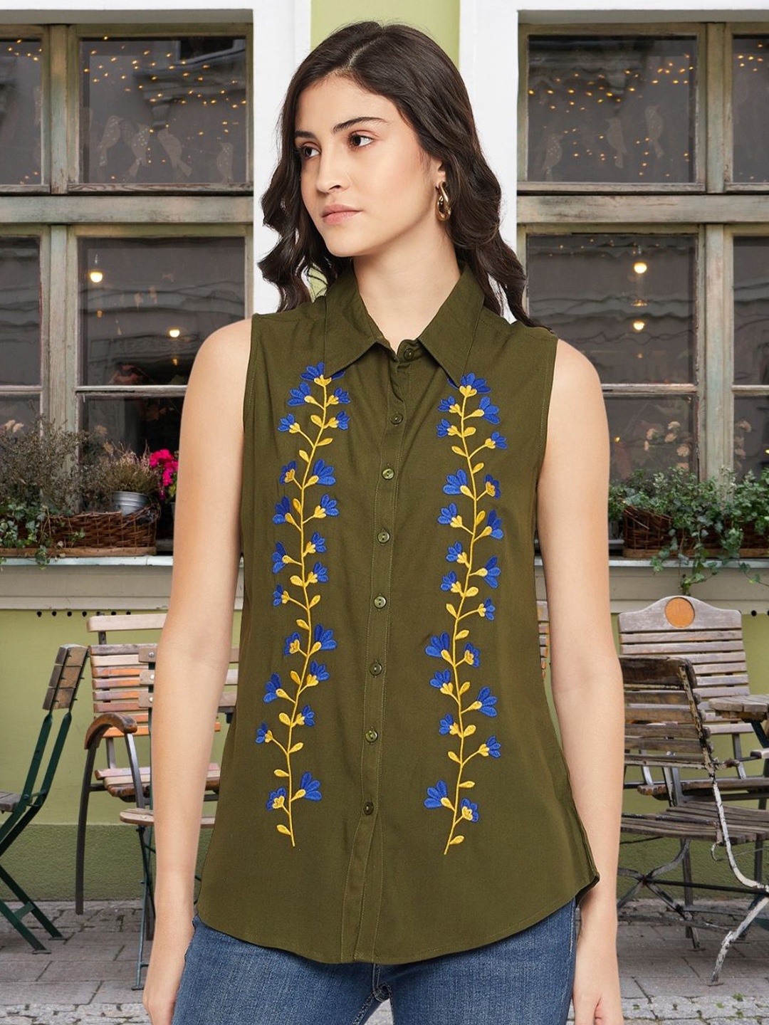 

DressBerry Embroidered Shirt Style Top, Green