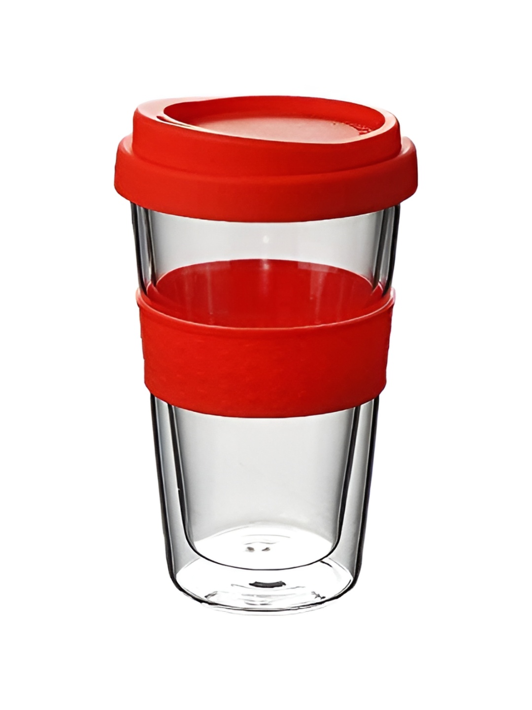 

Baskety Red & Transparent Glass Glossy Mug 350ml With Silicone lid