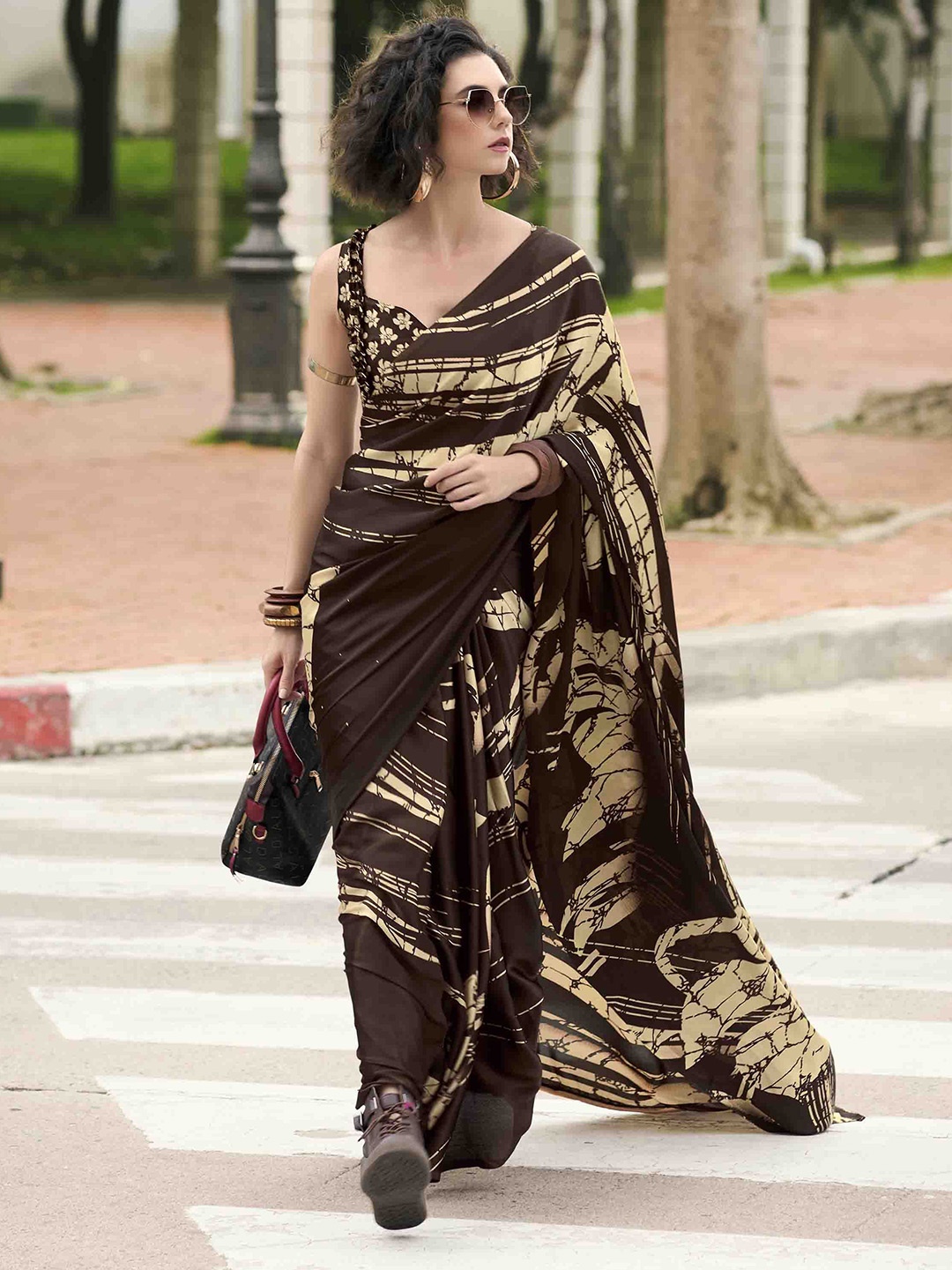 

KALINI Floral Satin Saree, Coffee brown