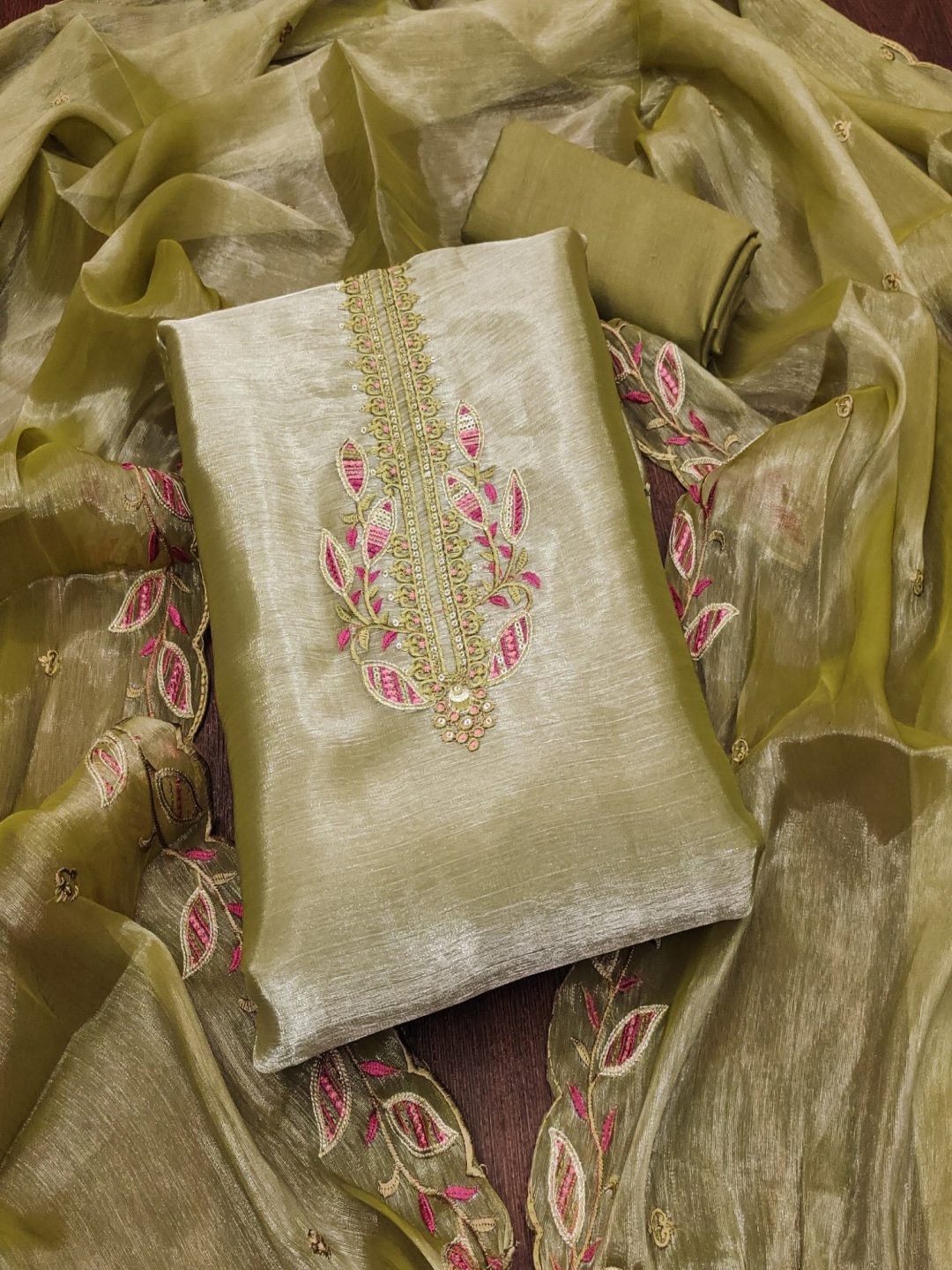 

KALINI Ethnic Motifs Embroidered Sequinned Unstitched Dress Material, Green
