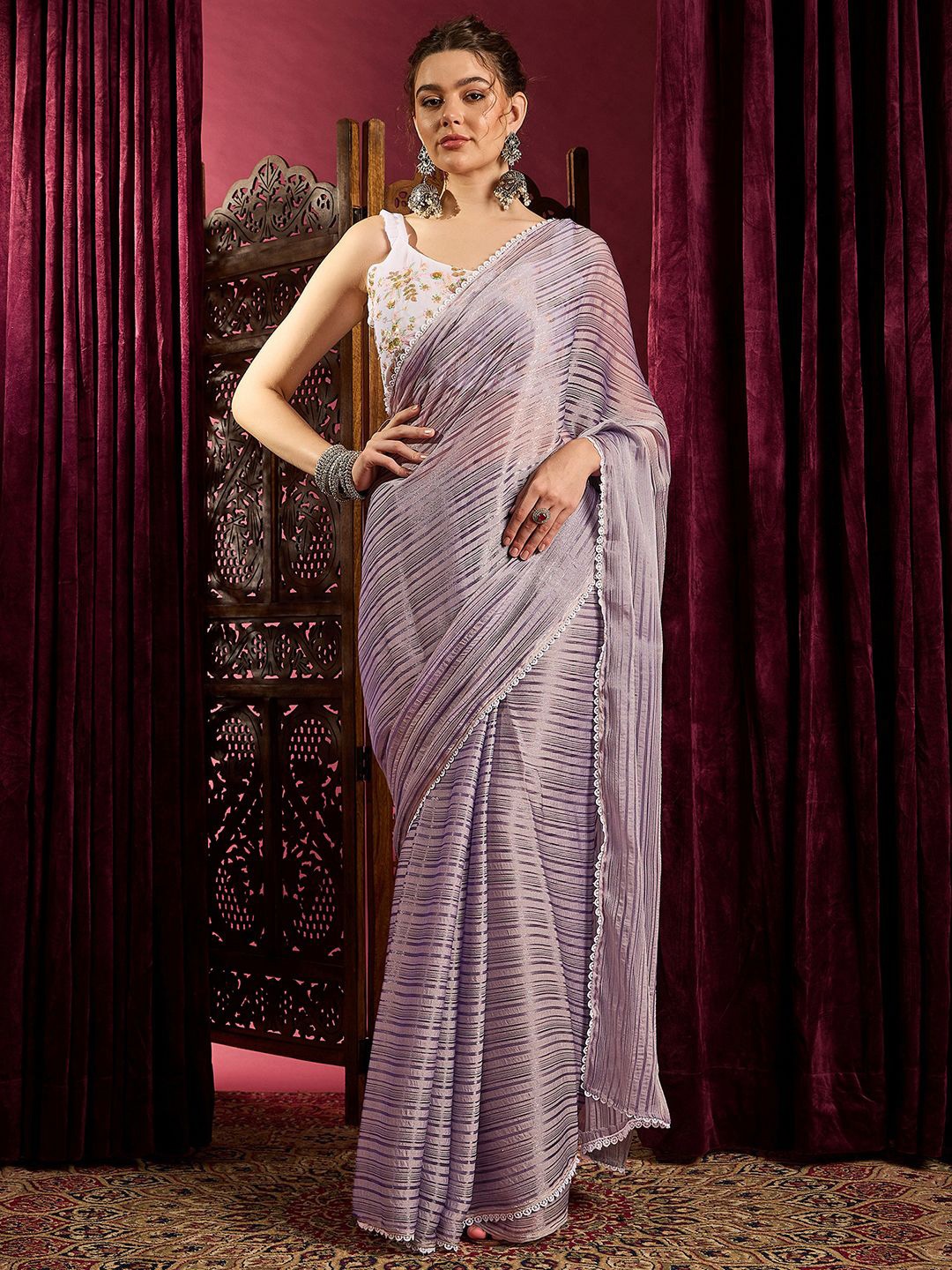 

Mitera Embroidered Poly Chiffon Saree, Lavender